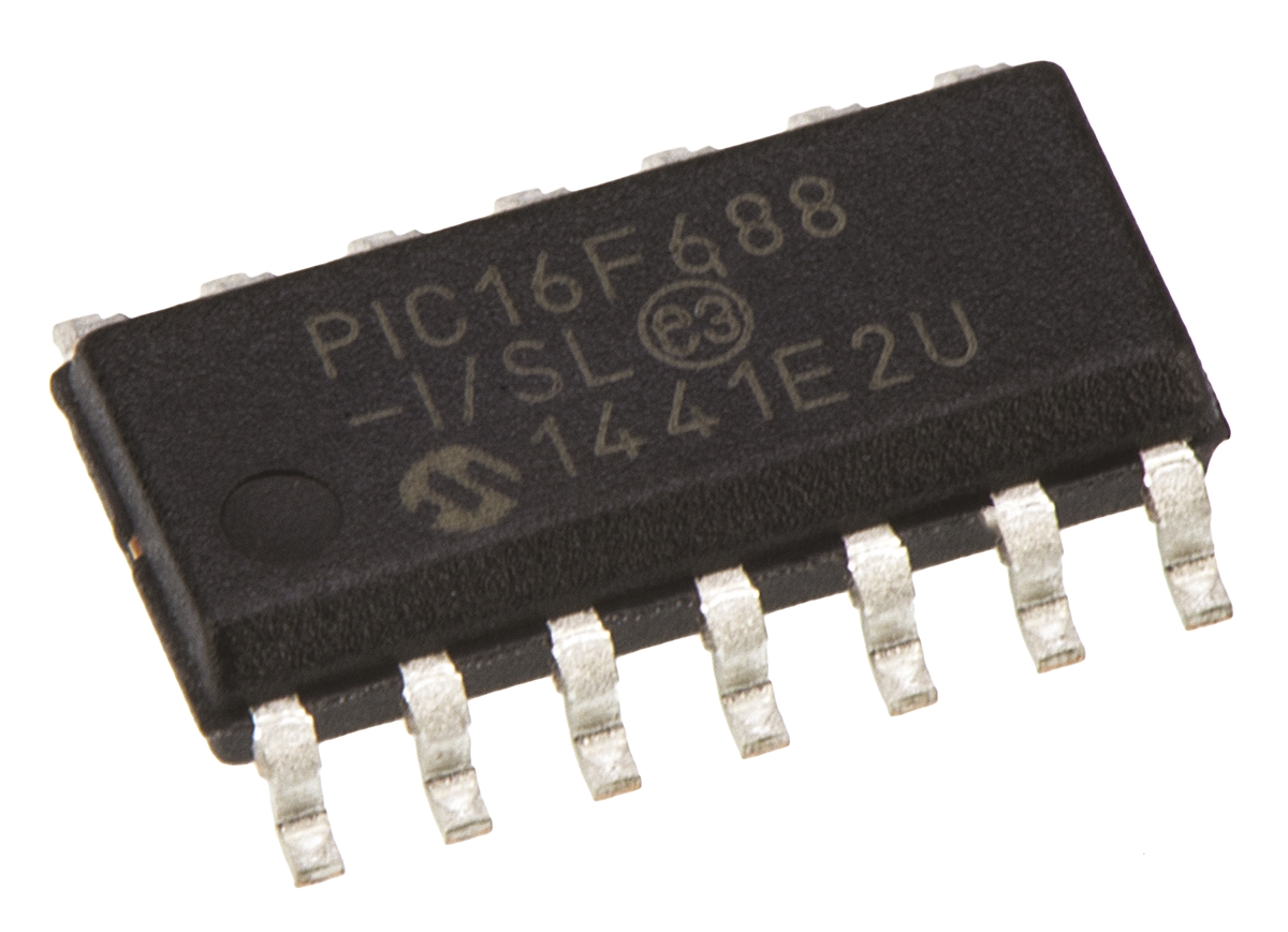 Microchip, 8 bit PIC, PIC16F688 Microcontroller, 20 MHz, 7kB FLASH, 14-Pin SOIC