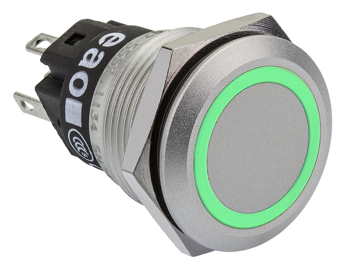 EAO 82 Series Illuminated Push Button Switch, Momentary, Panel Mount, 19mm Cutout, SPDT, Green LED, 240V, IP65, IP67