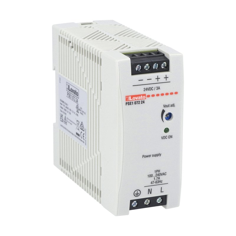 Lovato PSE1 Switched Mode DIN Rail Power Supply, 100 → 240V ac ac Input, 24V dc dc Output, 3A Output, 72W