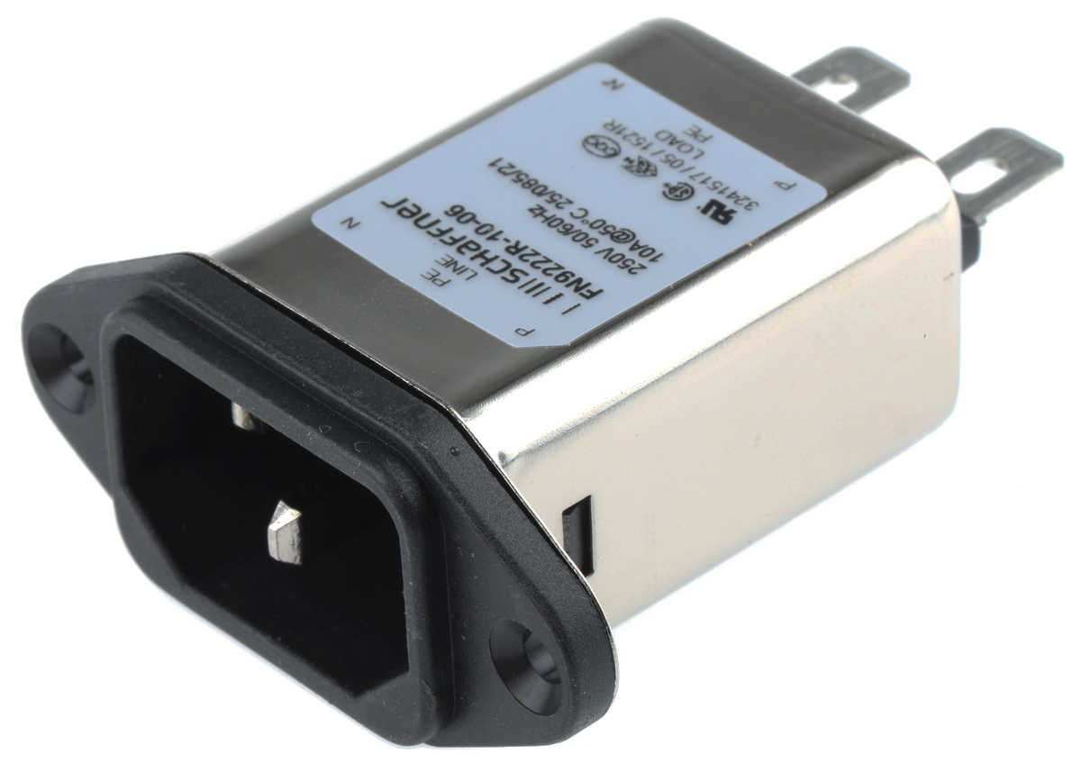 Schaffner 10A, 250 V ac Male Flange Mount IEC Inlet Filter FN9222R-10-06, Faston None Fuse