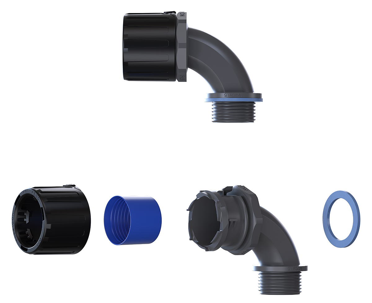 Flexicon 90° Elbow, Conduit Fitting, 42mm Nominal Size, M40, Nylon 66, Black, Grey IP66, IP67, IP68, IP69 rating