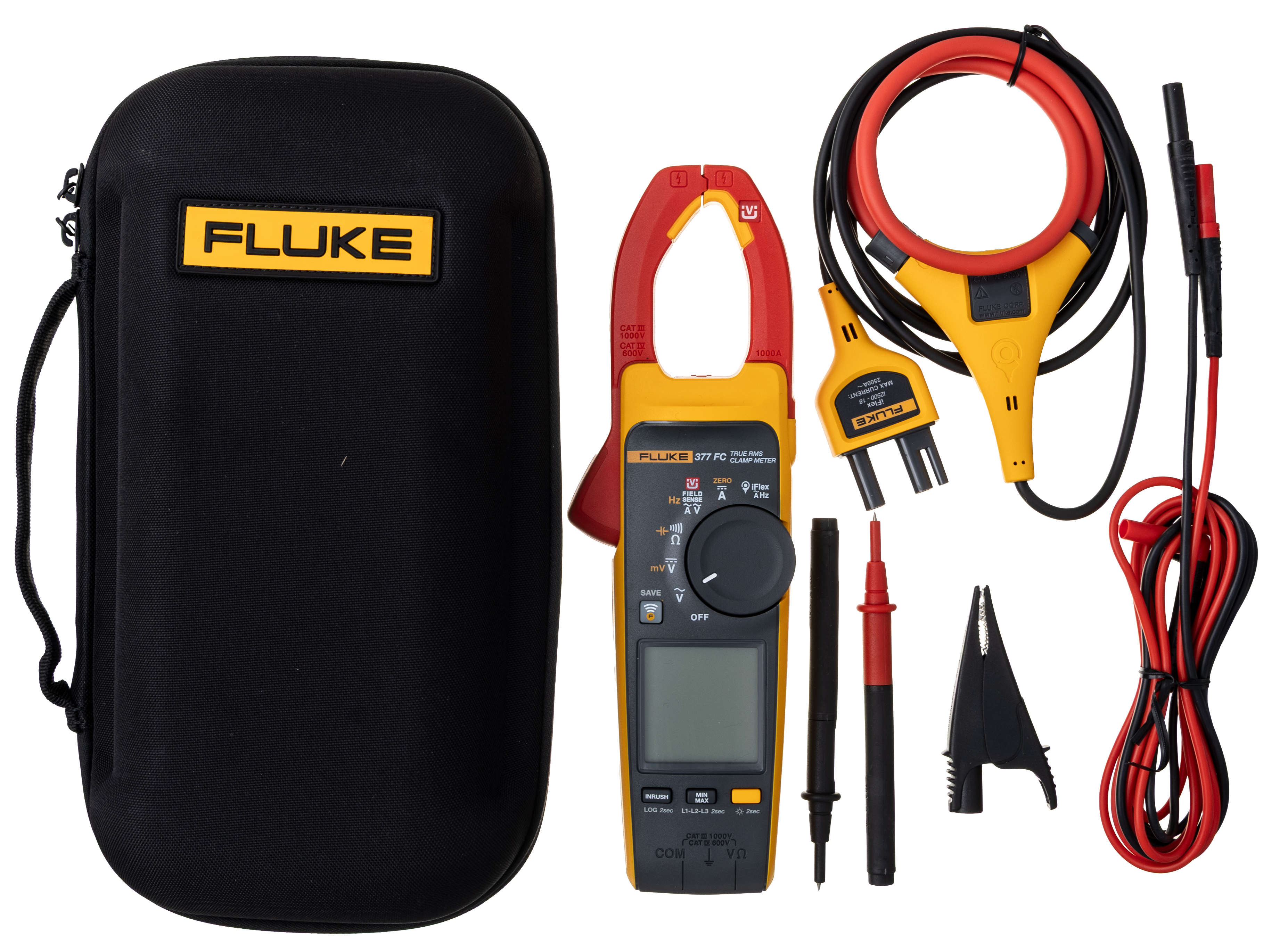 Fluke 377 FC Clamp Meter, 999.9A dc, Max Current 2500A ac CAT III 1000V With RS Calibration