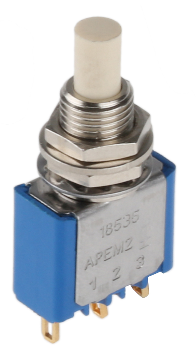 APEM Miniature Push Button Switch, Momentary, Panel Mount, 6.5mm Cutout, SPDT, 30V dc