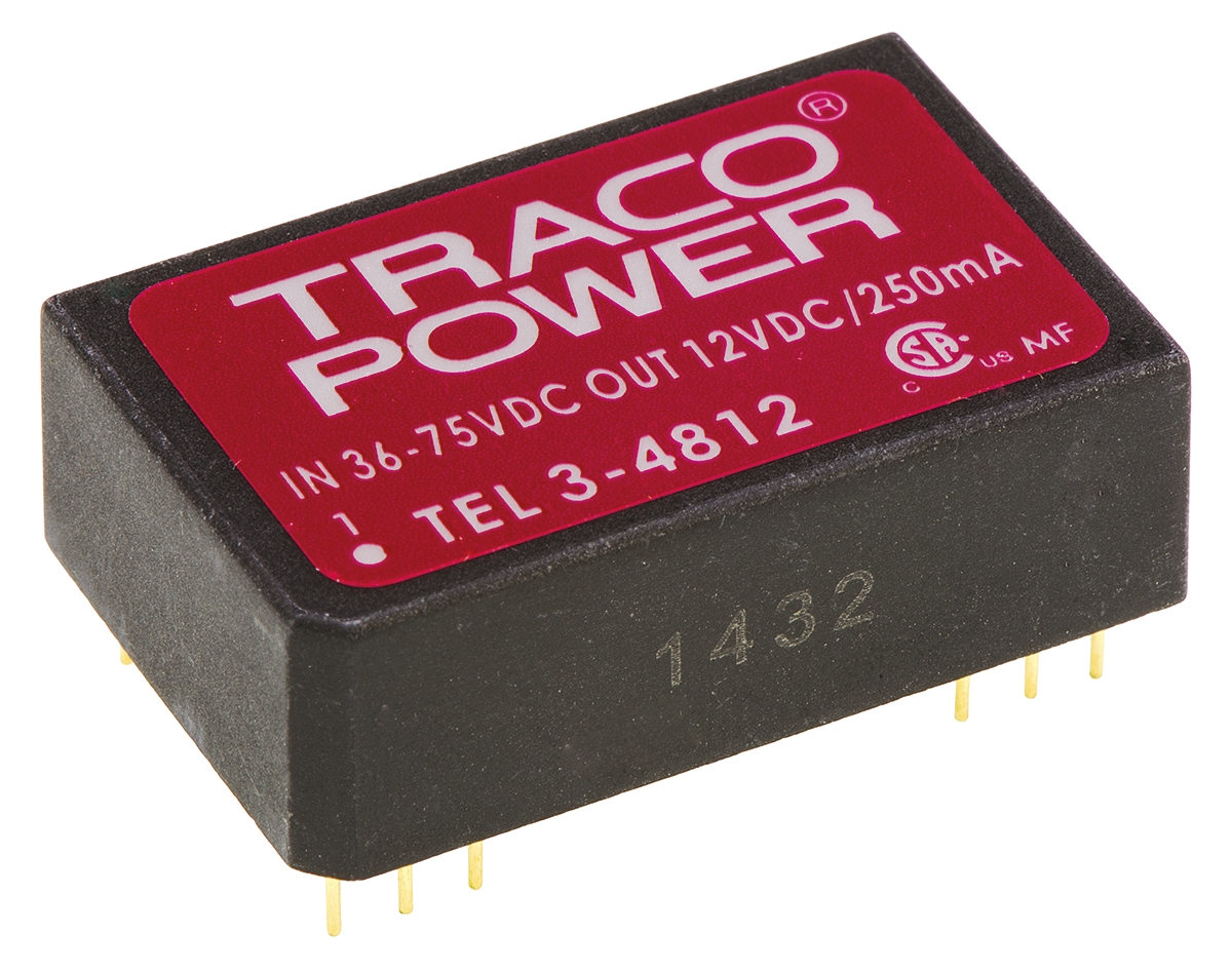 TRACOPOWER TEL 3 DC-DC Converter, 12V dc/ 250mA Output, 36 → 75 V dc Input, 3W, Through Hole, +85°C Max Temp