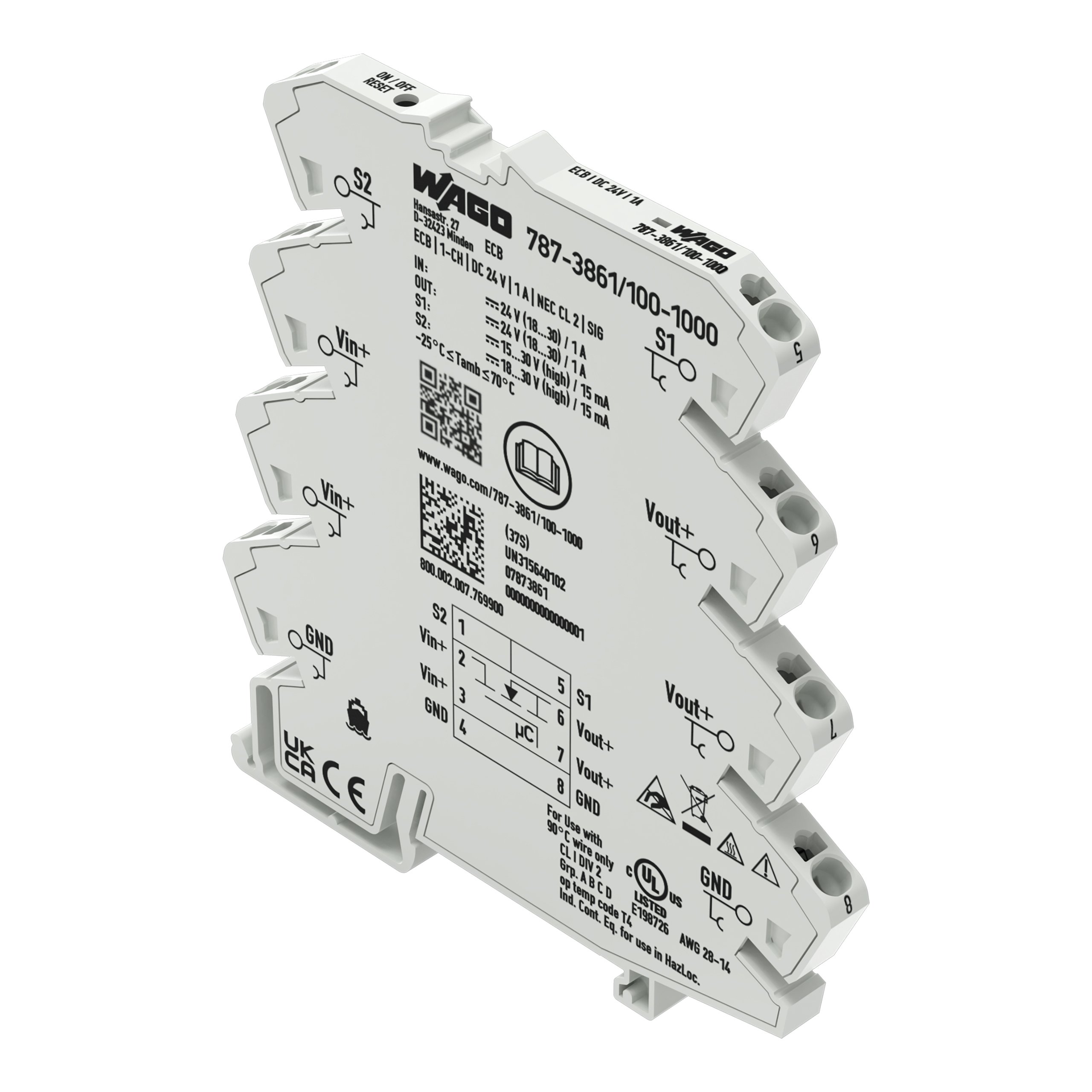 WAGO Electronic Circuit Breaker 1A 24V 787, 1 channels , DIN Rail