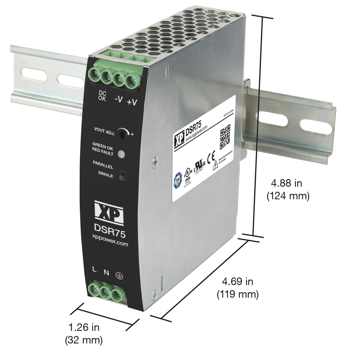 XP Power DSR75 Switched Mode DIN Rail Power Supply, 85 → 264V ac ac Input, 12V dc dc Output, 6.3A Output, 75W