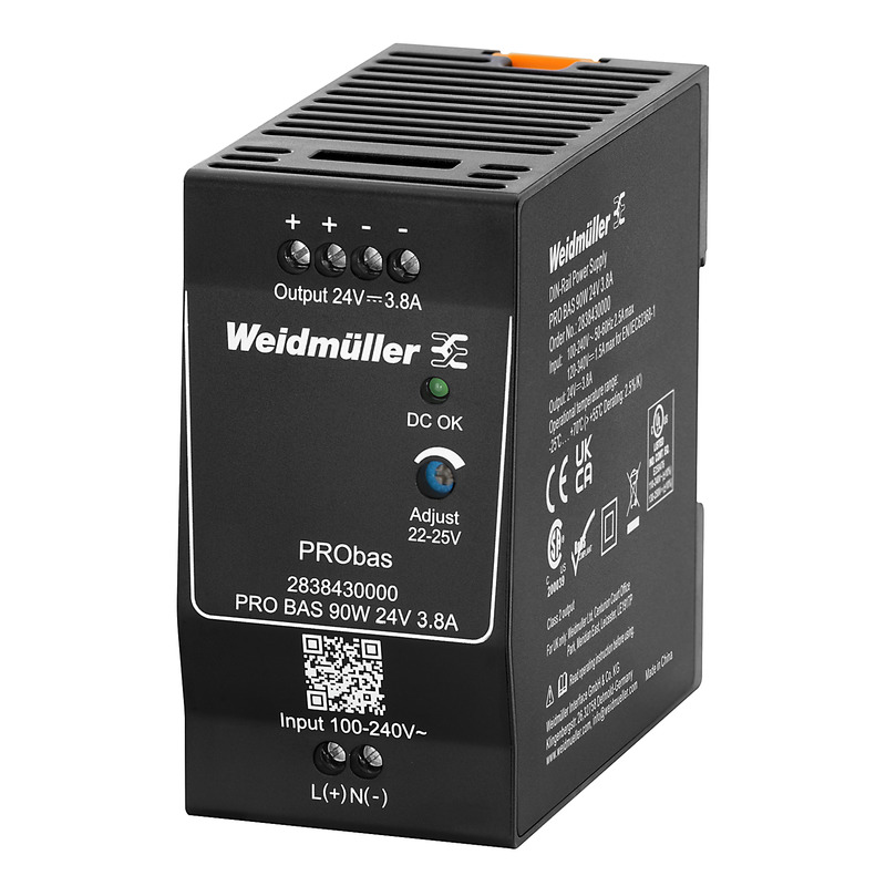 Weidmüller PRO BAS DIN Rail Power Supply, 264V ac ac, dc Input, 24V dc dc Output, 3.8A Output, 90W