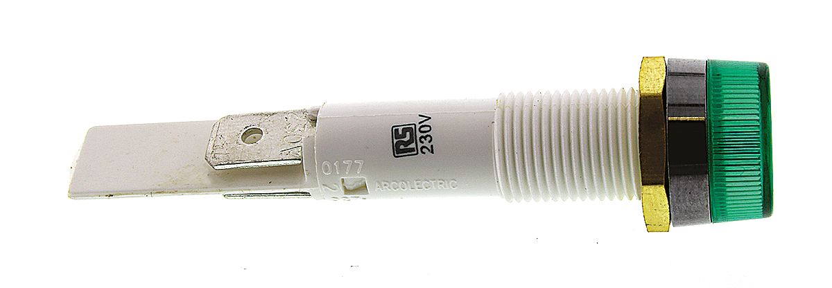 Arcolectric (Bulgin) Ltd 0277 Series Green Neon Panel Mount Indicator, 230V ac, 10mm Mounting Hole Size, Solder Tab