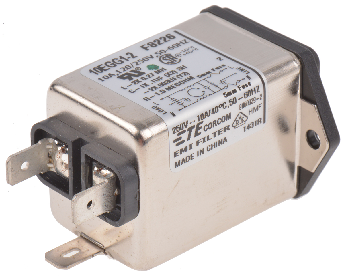 TE Connectivity 10A, 250 V ac Male Flange Mount IEC Filter 3-1609115-3, Spade 2 Fuse