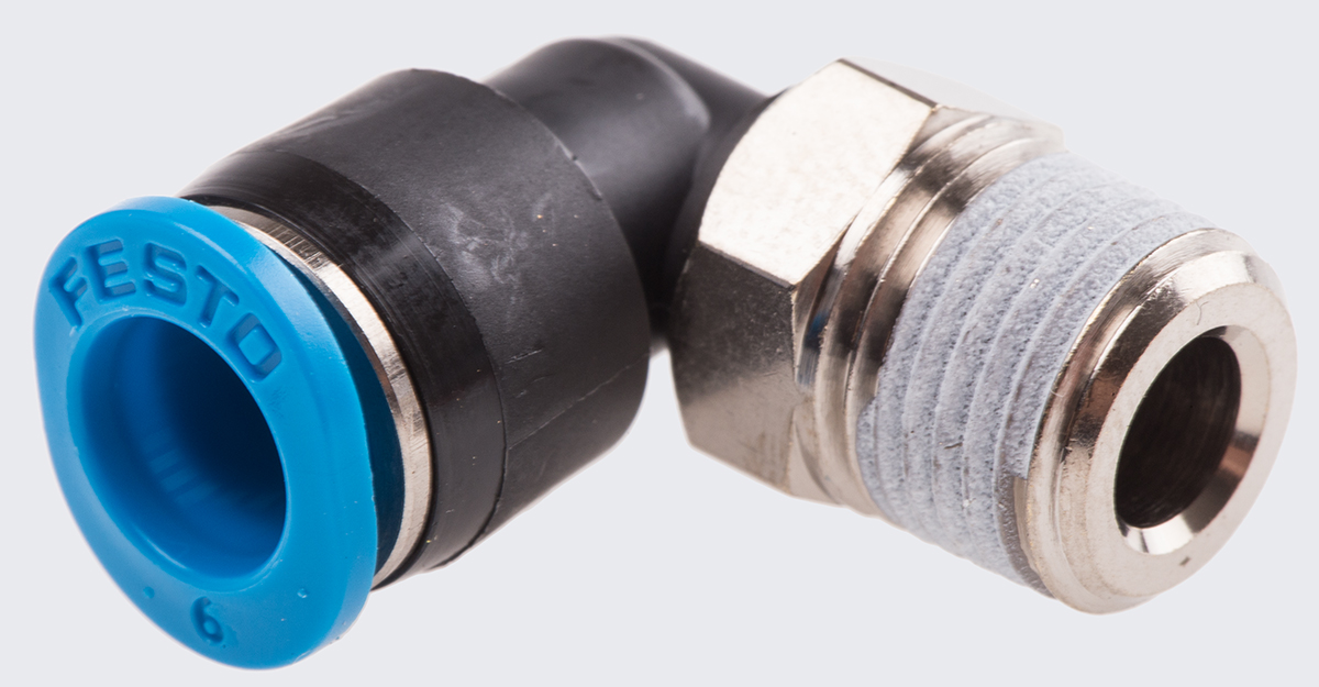 Festo QS Series Elbow Threaded Adaptor, R 1/8 Male to Push In 6 mm, Threaded-to-Tube Connection Style, 153336