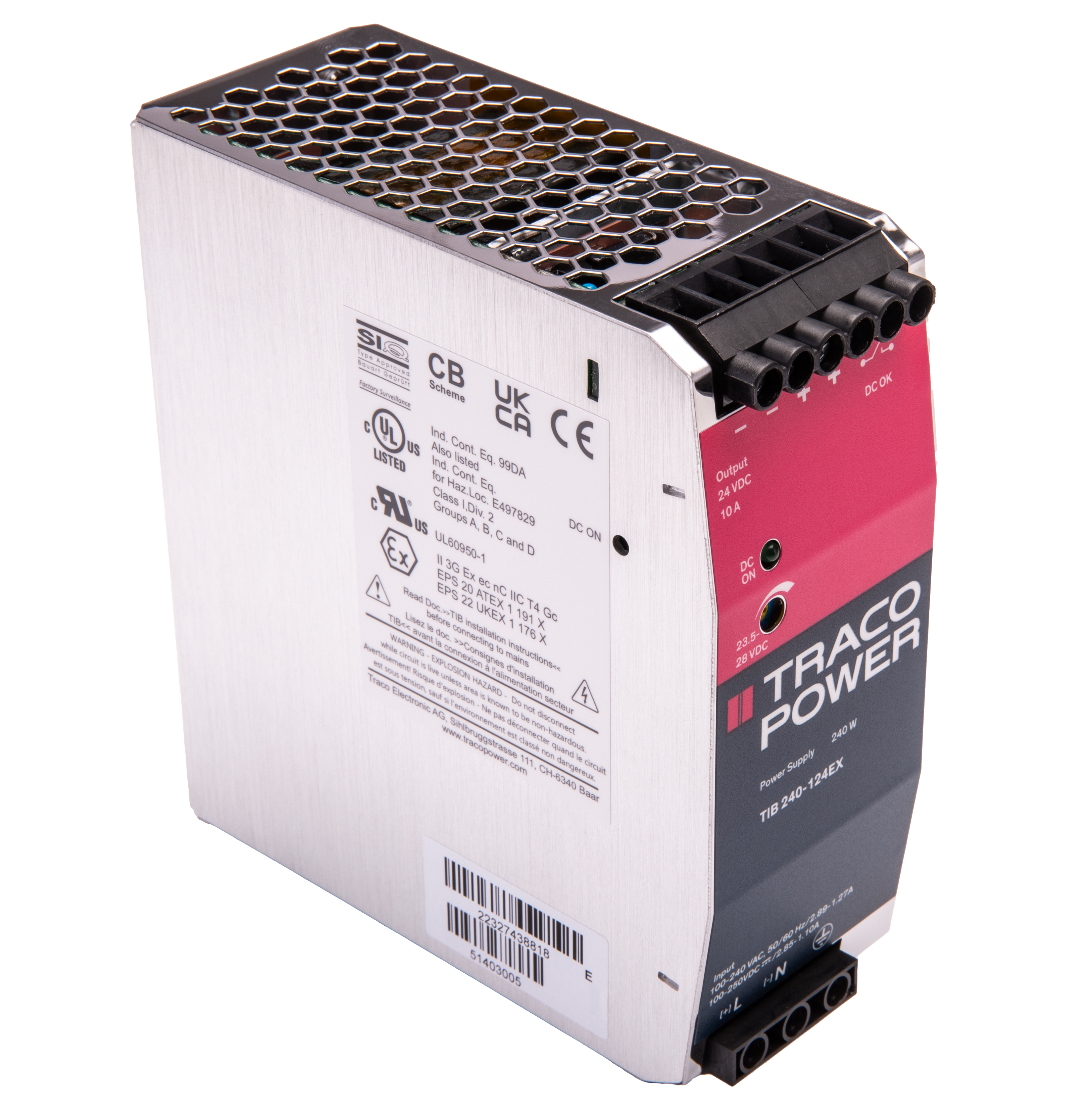 TRACOPOWER TIB 240-EX Linear DIN Rail Power Supply, 85 → 264V ac ac Input, 24V dc dc Output, 10A Output, 240W