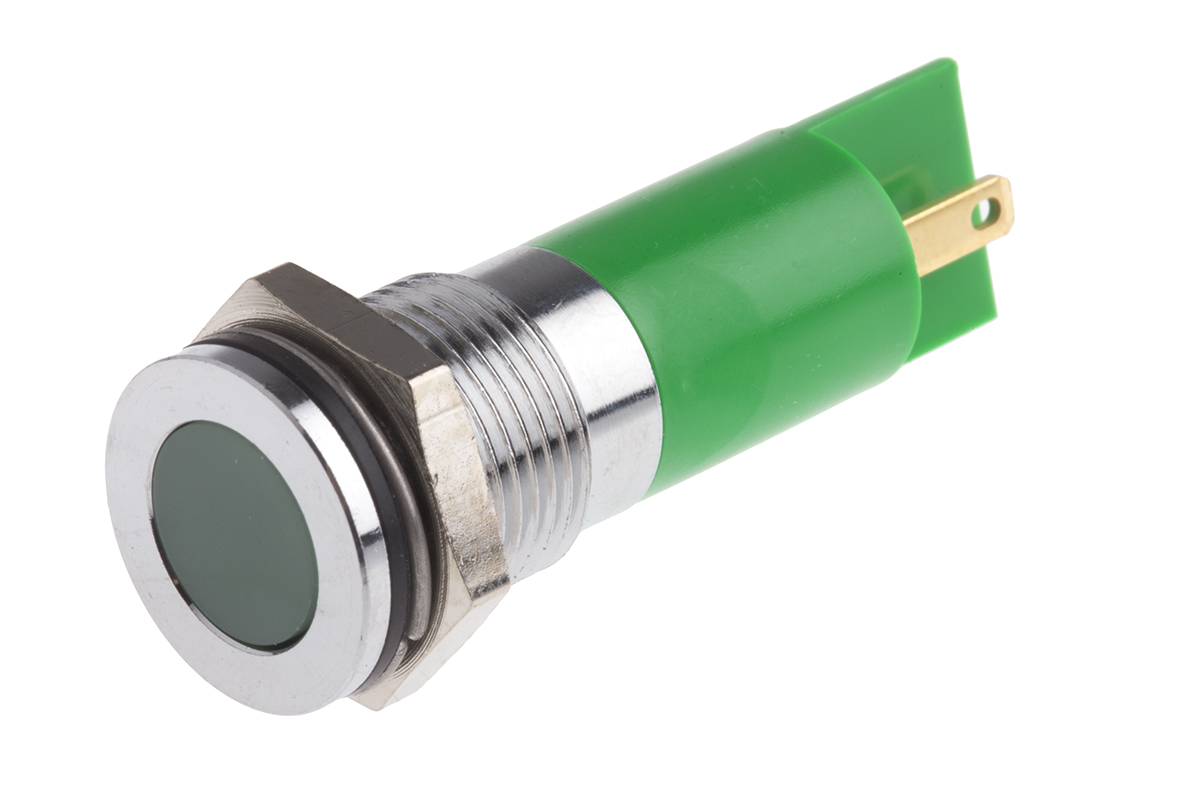 RS PRO Green Panel Mount Indicator, 12V dc, 14mm Mounting Hole Size, Solder Tab Termination, IP67