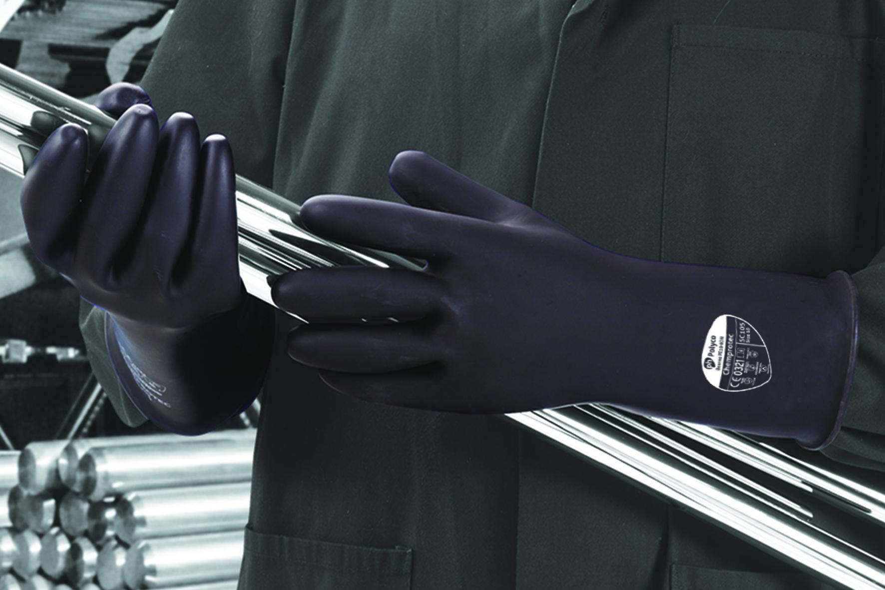 Polyco Healthline ChemprotecTM Black Latex Work Gloves, Size 9, Latex Coating