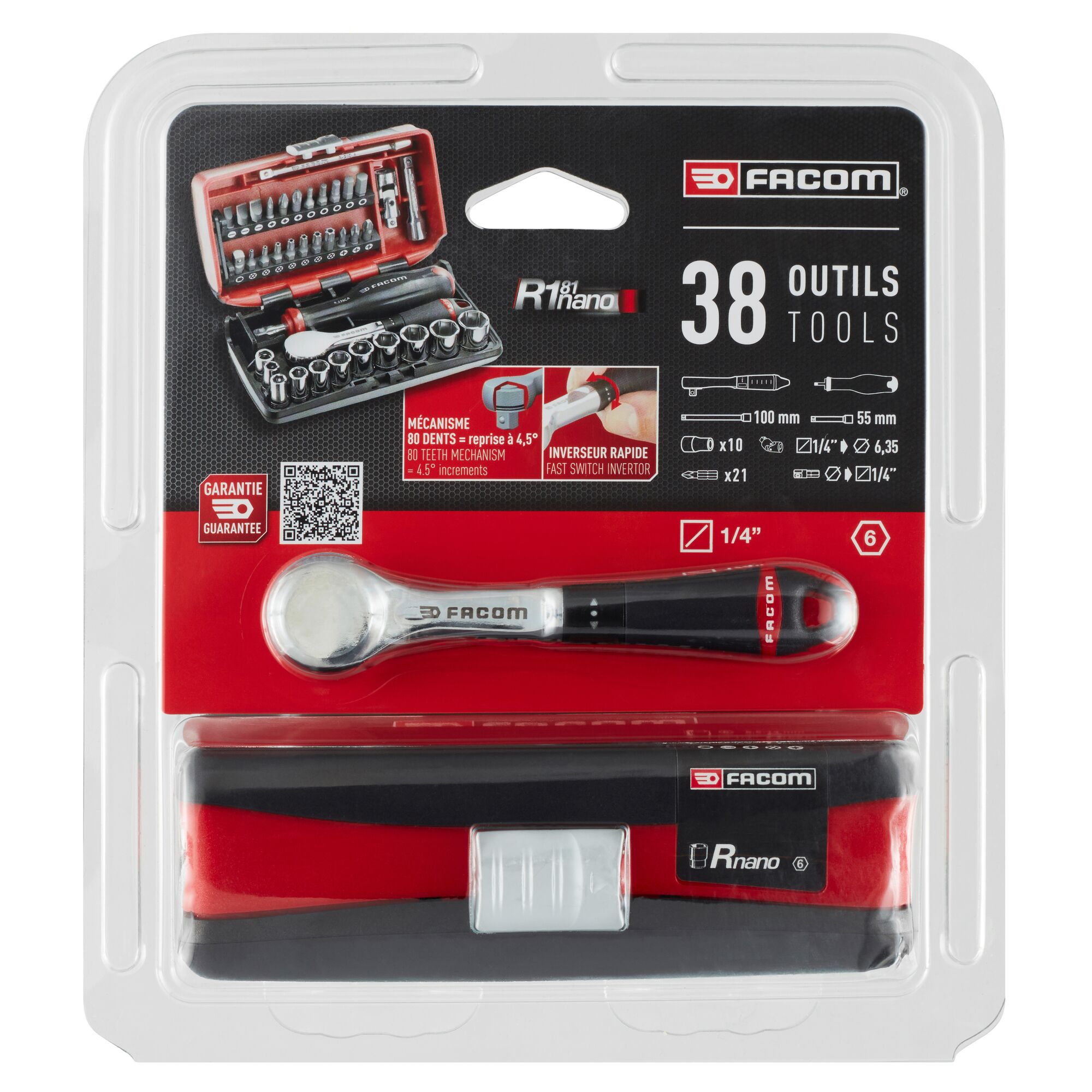 Facom 38-Piece Metric 1/4 in Standard Socket/Bit Set with Ratchet, 6 point