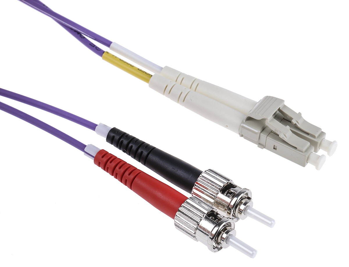 RS PRO LC to ST Duplex Multi Mode OM3 Fibre Optic Cable, 50/125μm, Purple, 2m