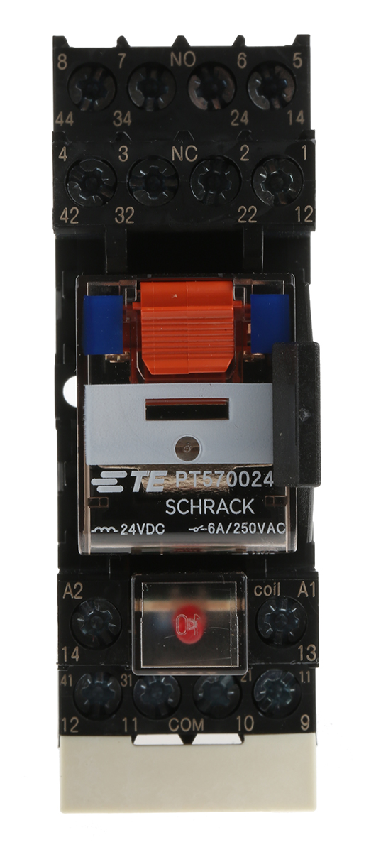 TE Connectivity DIN Rail Power Relay, 24V dc Coil, 6A Switching Current, 4PDT