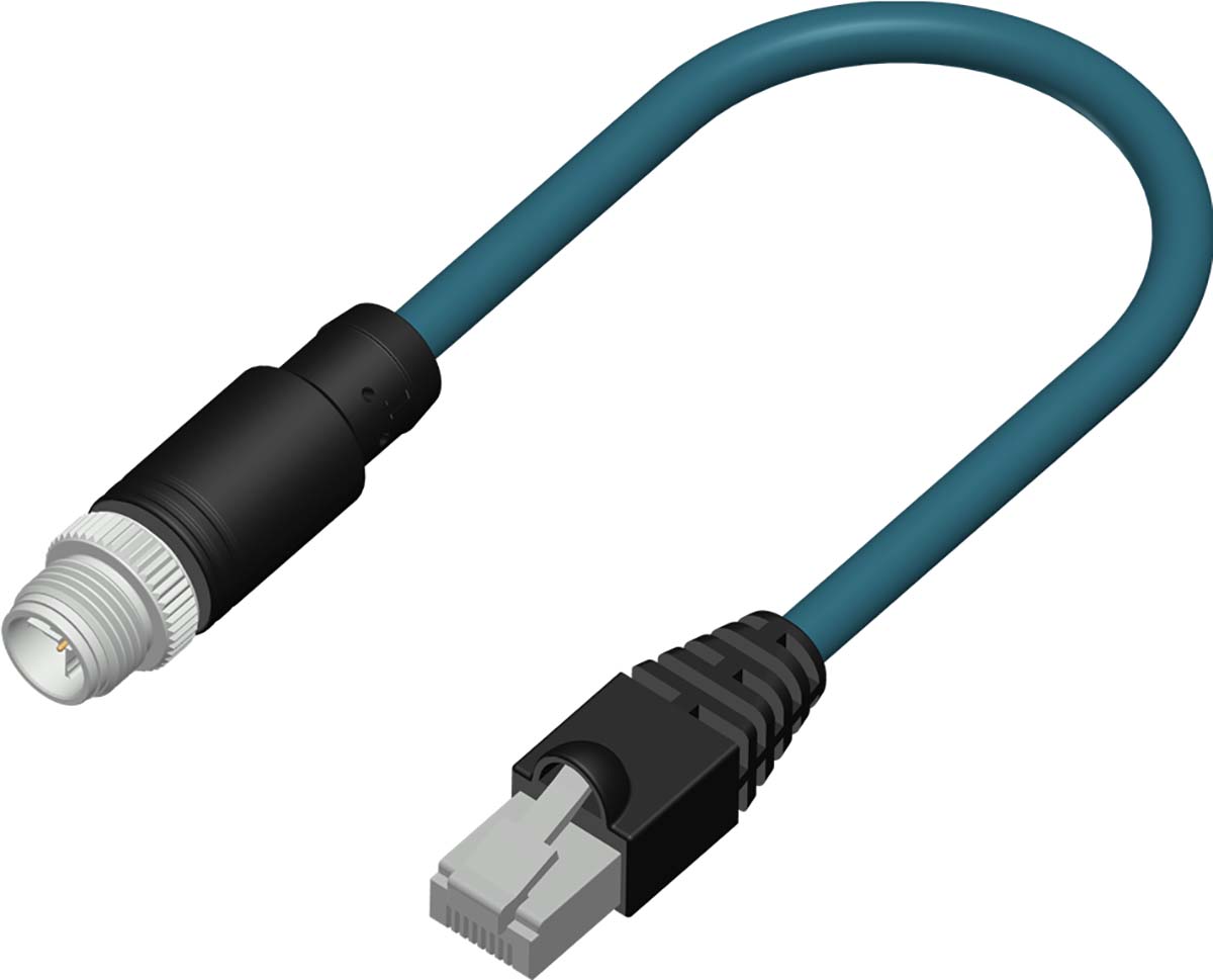 RS PRO, 5m Cat6a, Teal M12 to Male RJ45 Male, Tinned Copper Braid Shielded, Terminated PVC Sheath