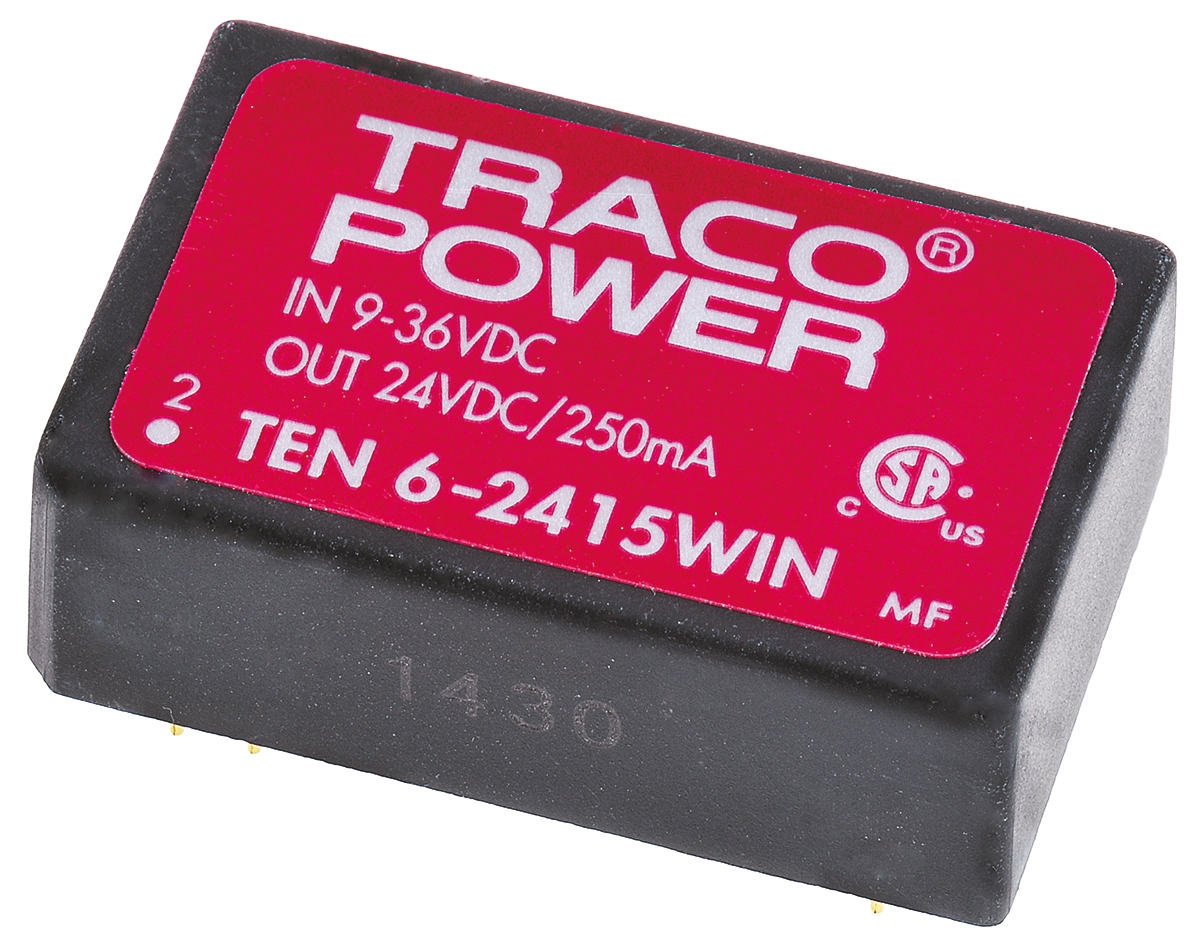 TRACOPOWER TEN 6WIN DC-DC Converter, 24V dc/ 250mA Output, 9 → 36 V dc Input, 6W, Through Hole, +85°C Max Temp