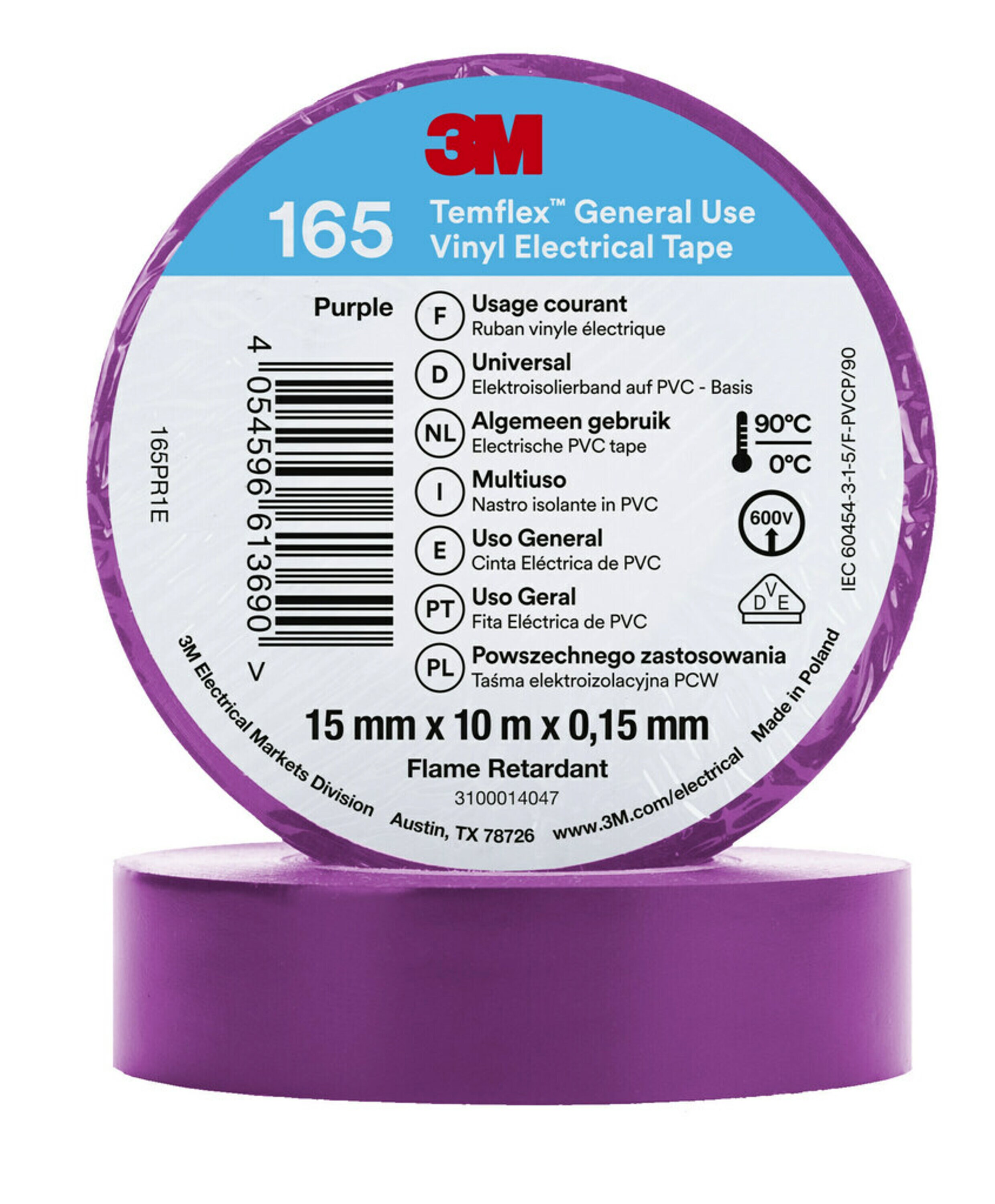 3M Temflex 165 Purple Vinyl Electrical Tape, 15mm x 10m