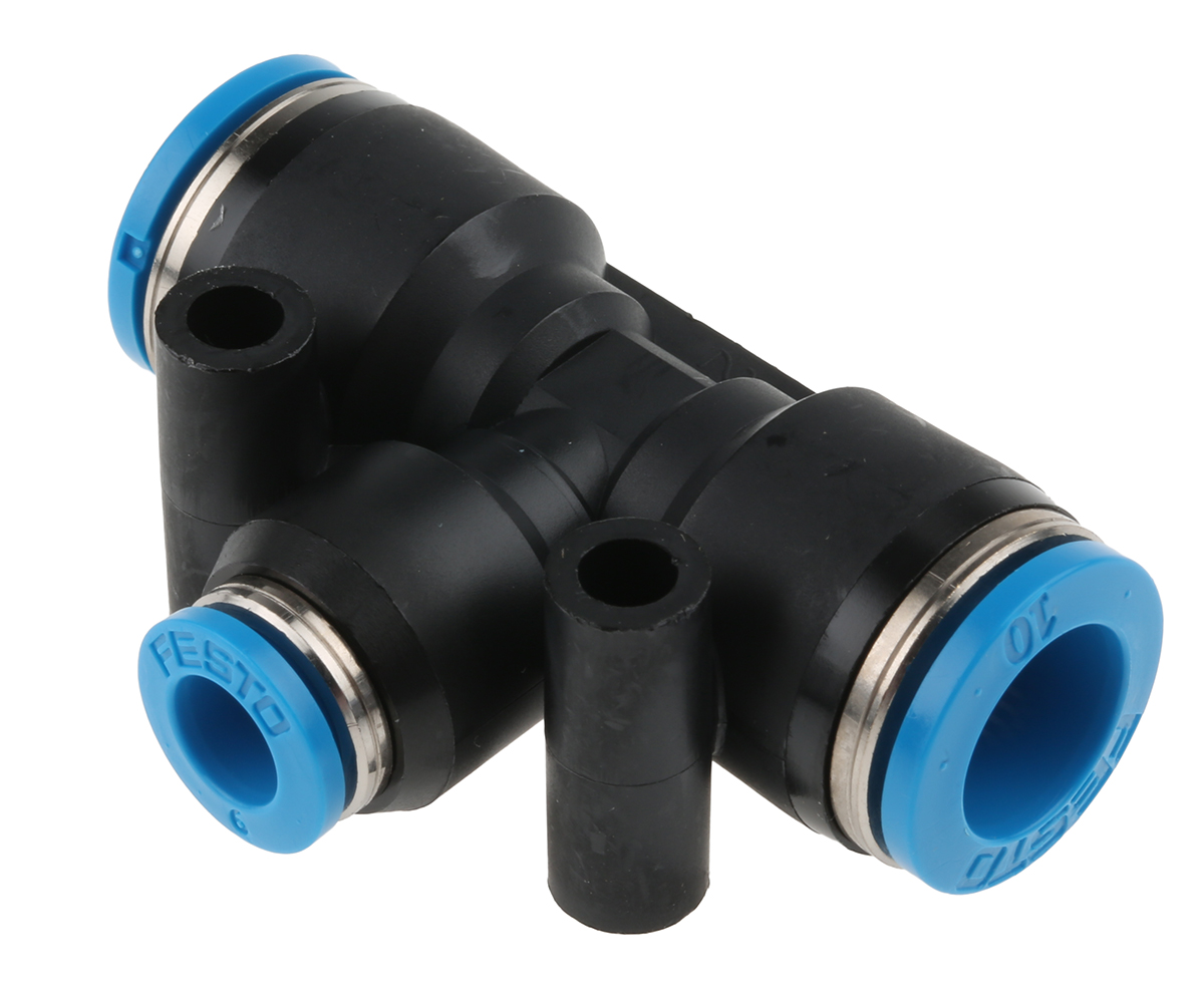 Festo QST Series Tee Tube-to-Tube Adaptor Push In 6 mm, Push In 10 mm to Push In 10 mm, Tube-to-Tube Connection Style,