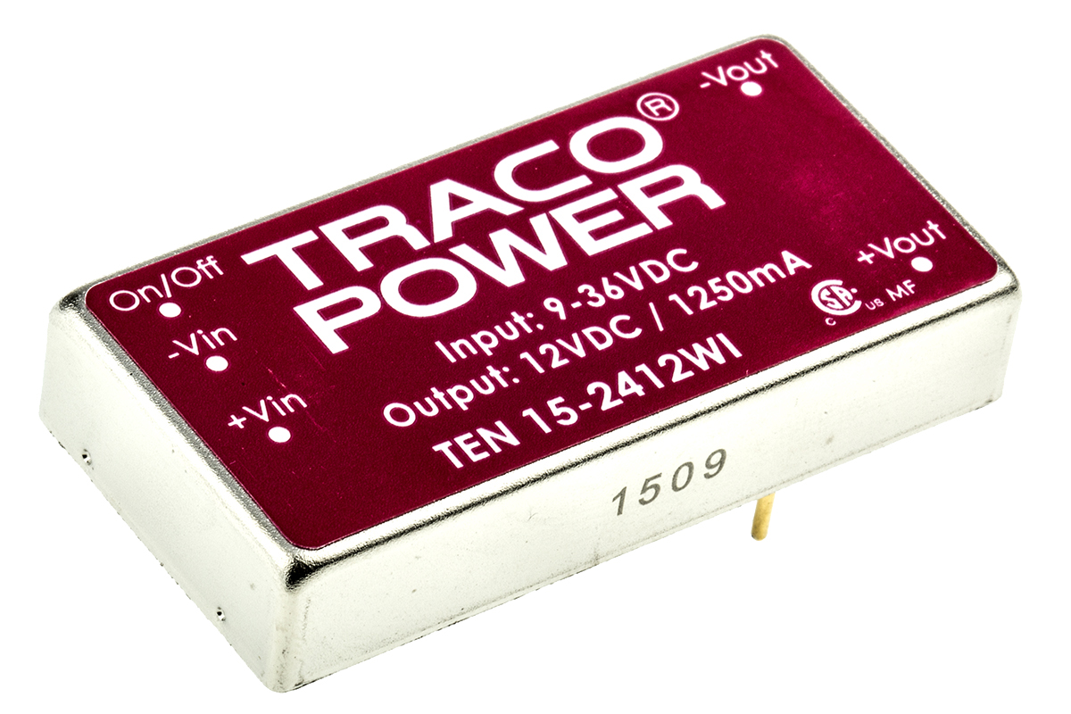 TRACOPOWER TEN 15WI DC-DC Converter, 12V dc/ 1.25A Output, 9 → 36 V dc Input, 15W, Through Hole, +85°C Max Temp