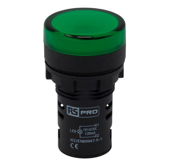 RS PRO, Panel Mount Green LED Pilot Light, 22mm Cutout, IP65, Round, 12V ac/dc