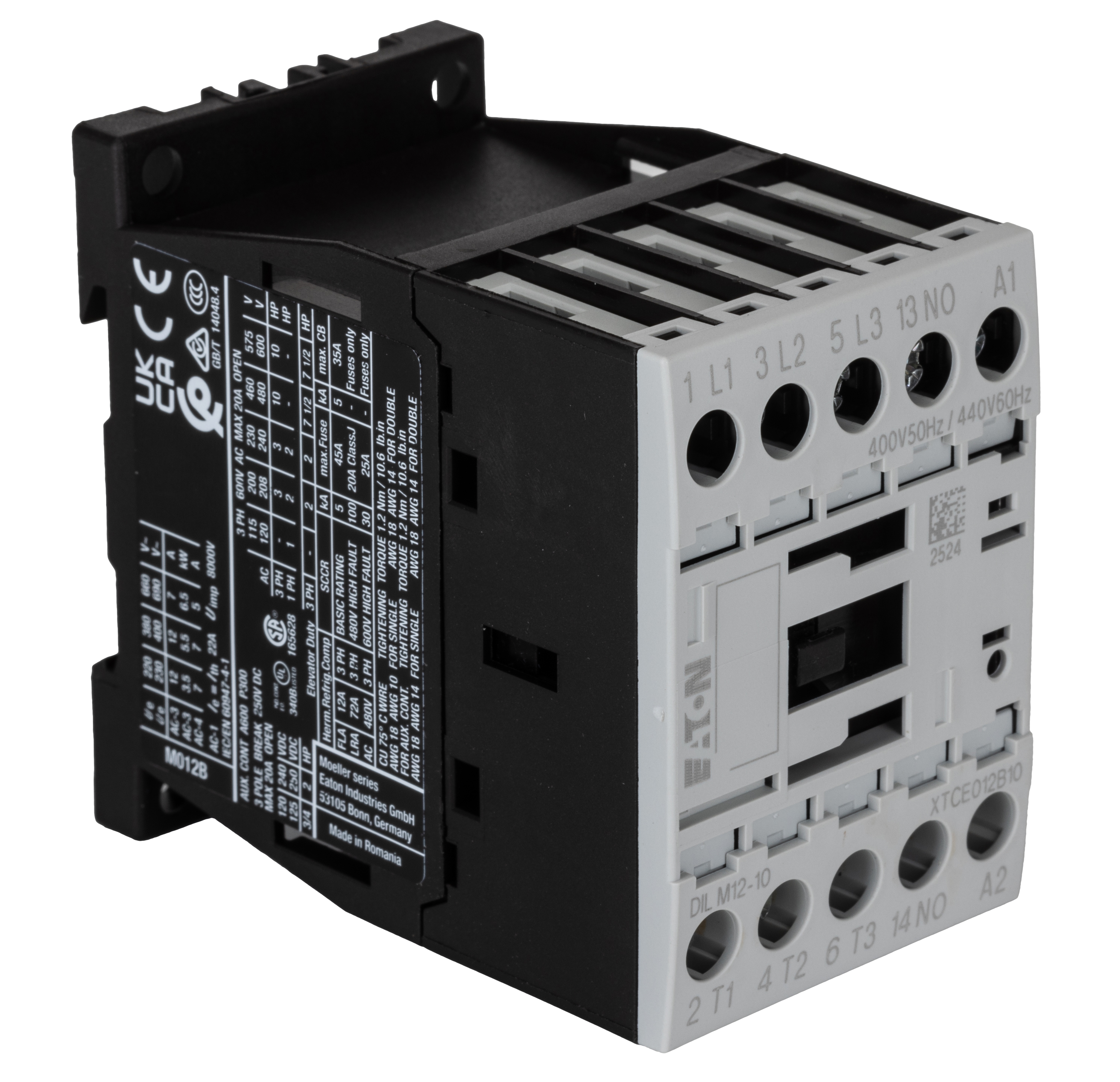 Eaton DILM Contactor, 400 V ac Coil, 3-Pole, 12 A, 5.5 kW 400 V, 3 NO, 400V