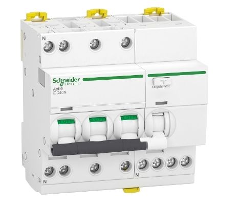 Schneider Electric RCBO, 25A Current Rating, 3P+N Poles, 30mA Trip Sensitivity, Type C, Acti9 Range