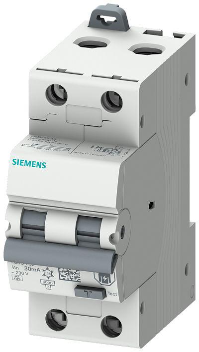 Siemens RCBO, 6A Current Rating, 2P Poles, 30mA Trip Sensitivity, Type B, Sentron Range