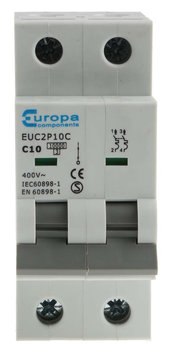 Europa EUC2P EUC MCB, 2P, 10A Curve C, 230V AC, 10 kA Breaking Capacity