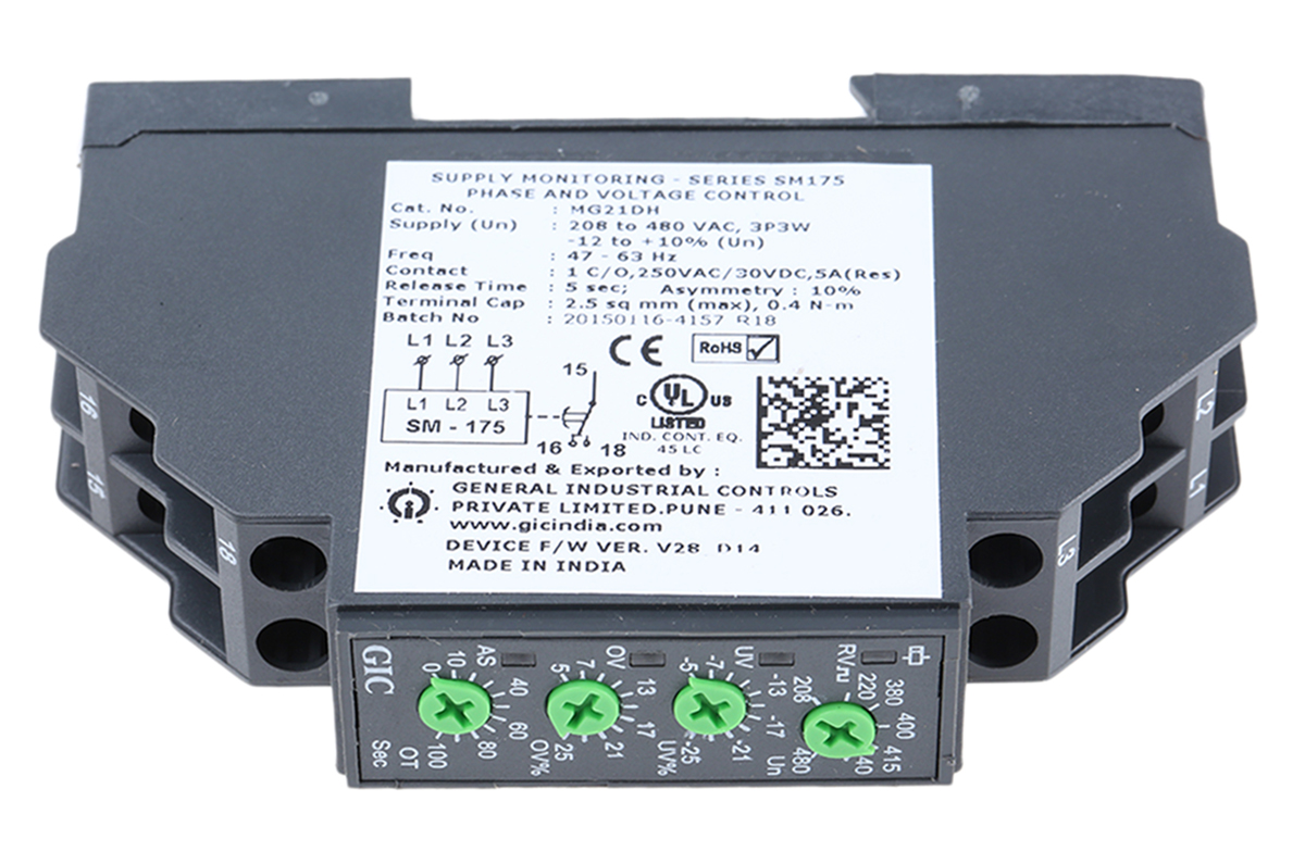 GIC Voltage Monitoring Relay, 3 Phase, SPDT, 208 → 480V ac, DIN Rail