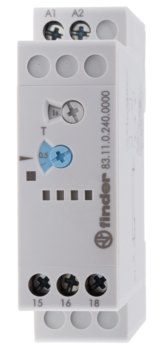 Finder 83 Series Series DIN Rail Mount Timer Relay, 24 → 240V ac/dc, 1-Contact, 0.05-10 min, 0.05-10 d, 0.05-10