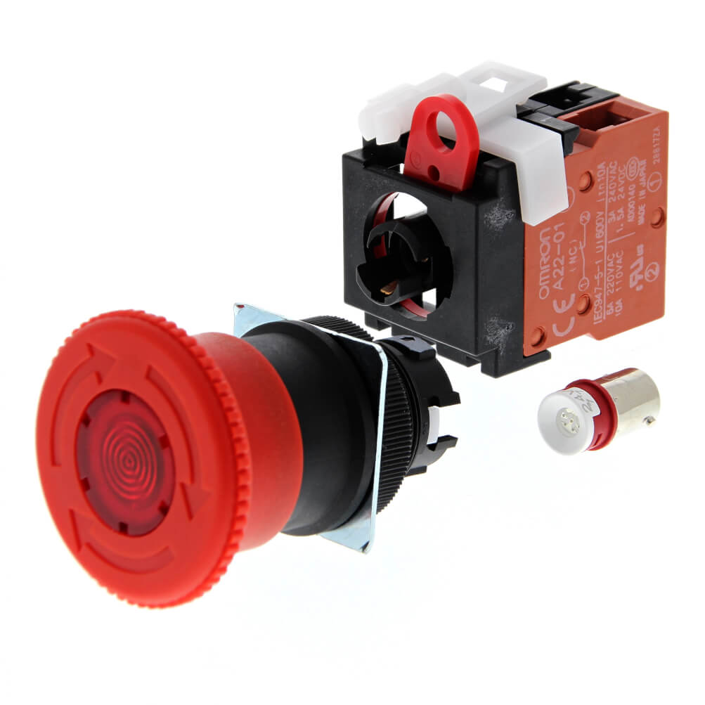 Omron A22E Series Twist Release Illuminated Emergency Stop Push Button, Panel Mount, 22mm Cutout, 1NC, IP65