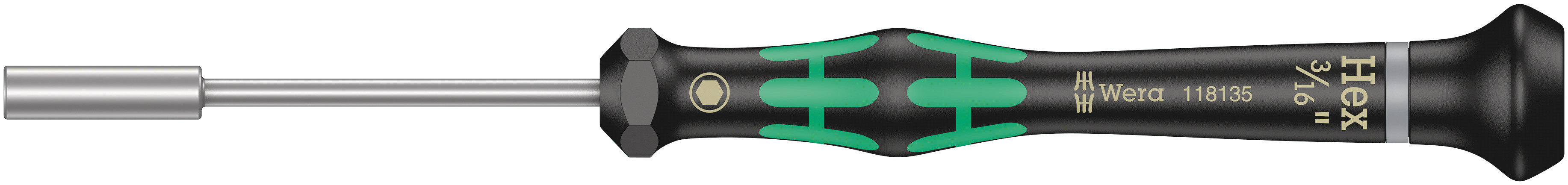 Wera Hexagon Nut Driver, 3/16 in Tip, 60 mm Blade, 157 mm Overall