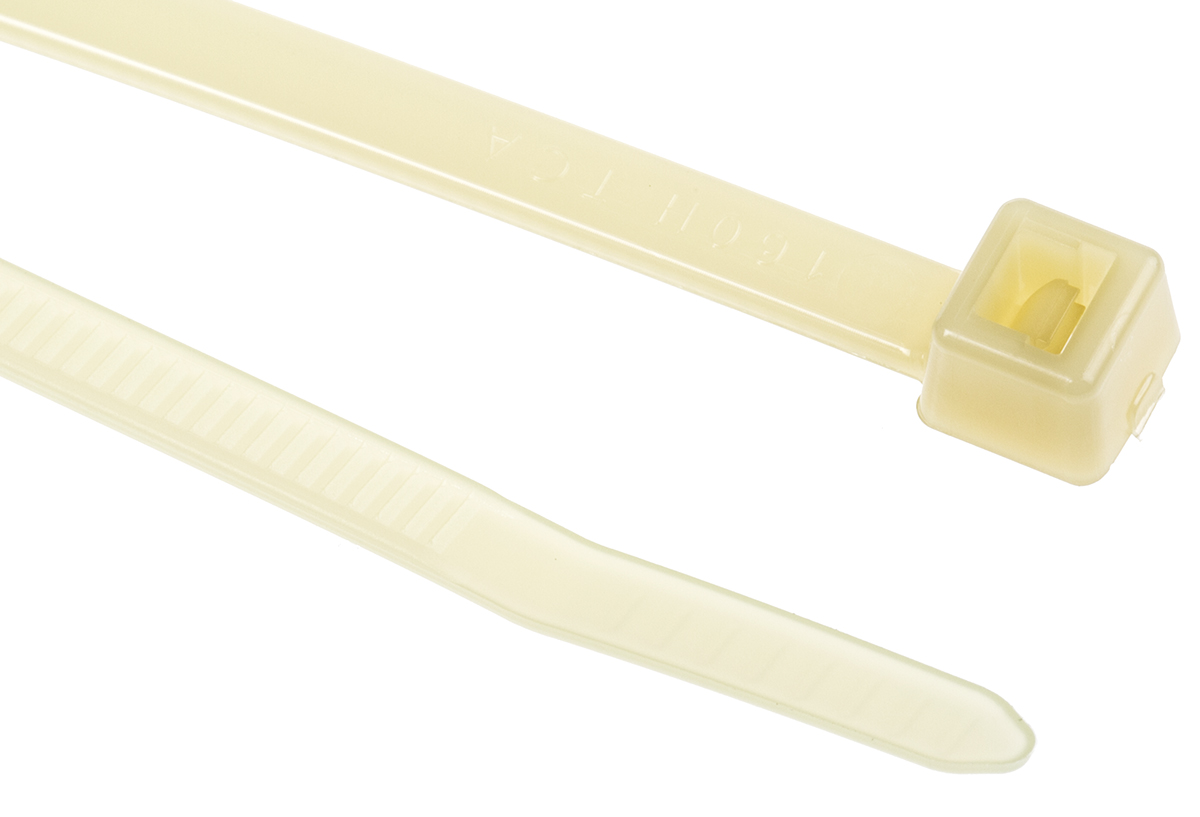 HellermannTyton Cable Tie, Inside Serrated, 200mm x 4.6 mm, Natural PA 4.6, Pk-100