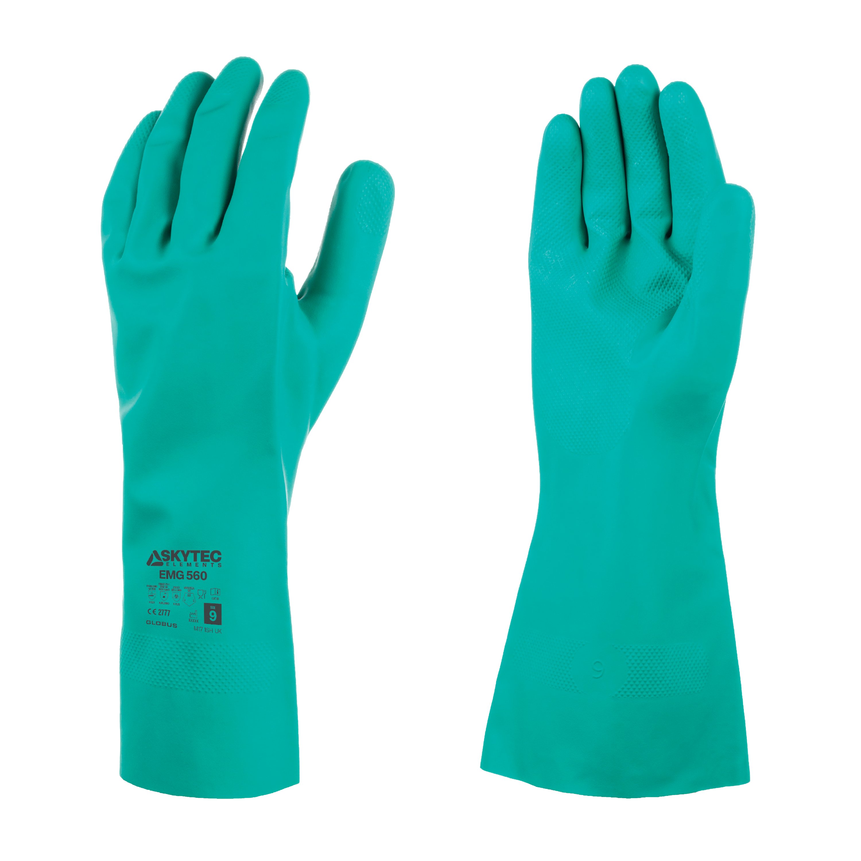 Skytec EMG560 Green Cotton Flock Cotton Chemical Resistant Gloves, Size M, Nitrile Coating