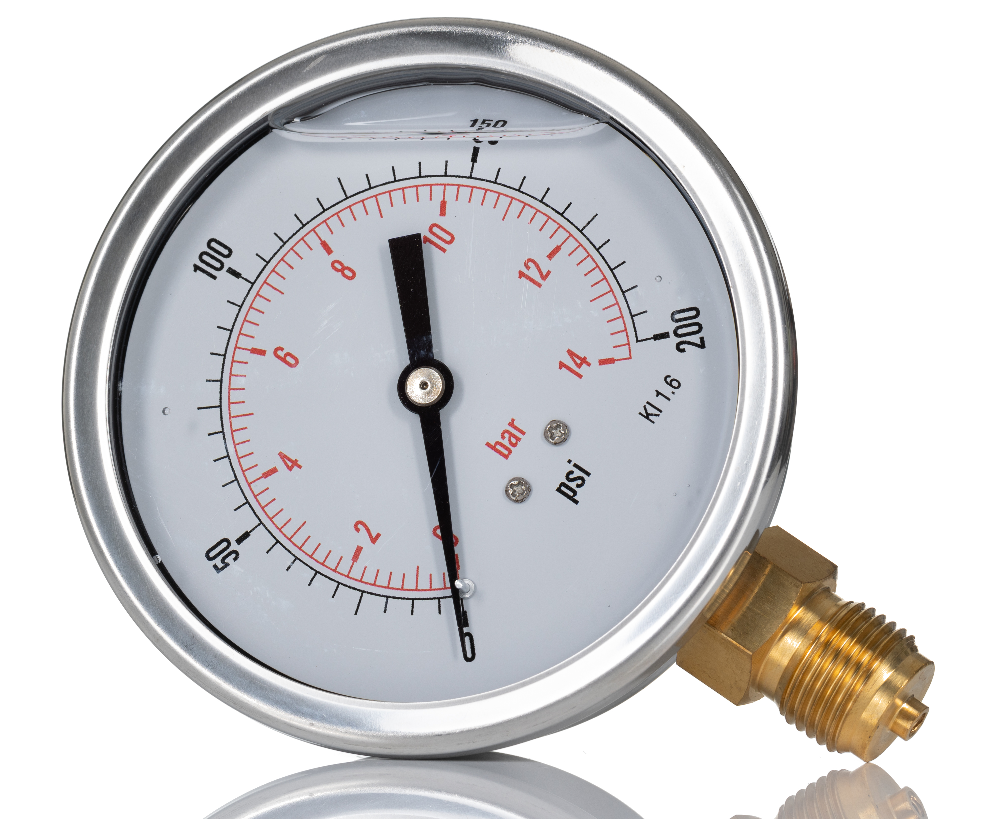 RS PRO BSP 1/2in Analogue Pressure Gauge 200psi Bottom Entry 100mm Outside Diameter