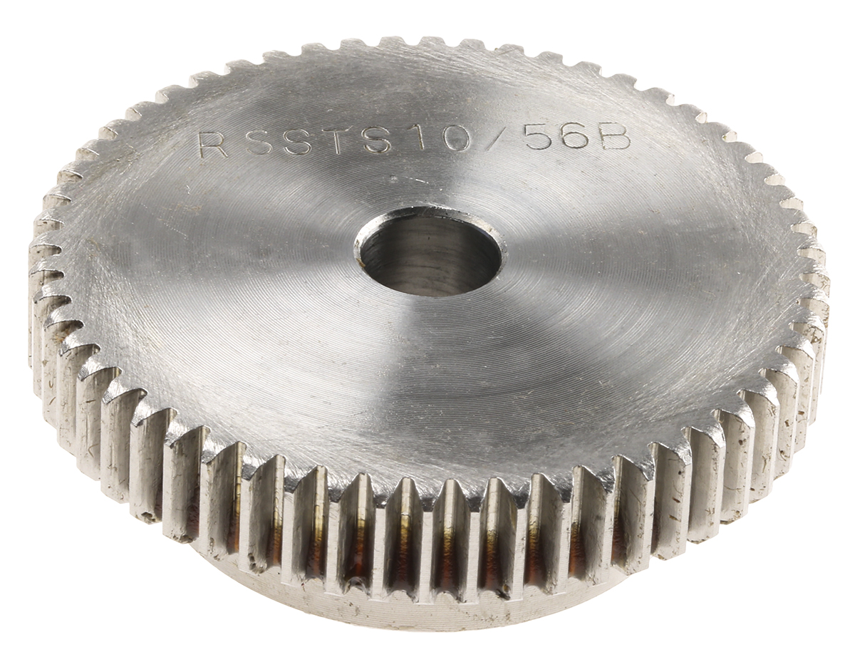 RS PRO Stainless Steel 56 Teeth Spur Gear, 1 Module, 10mm Bore Diam, 56mm Pitch Diam, 40mm Hub Diam