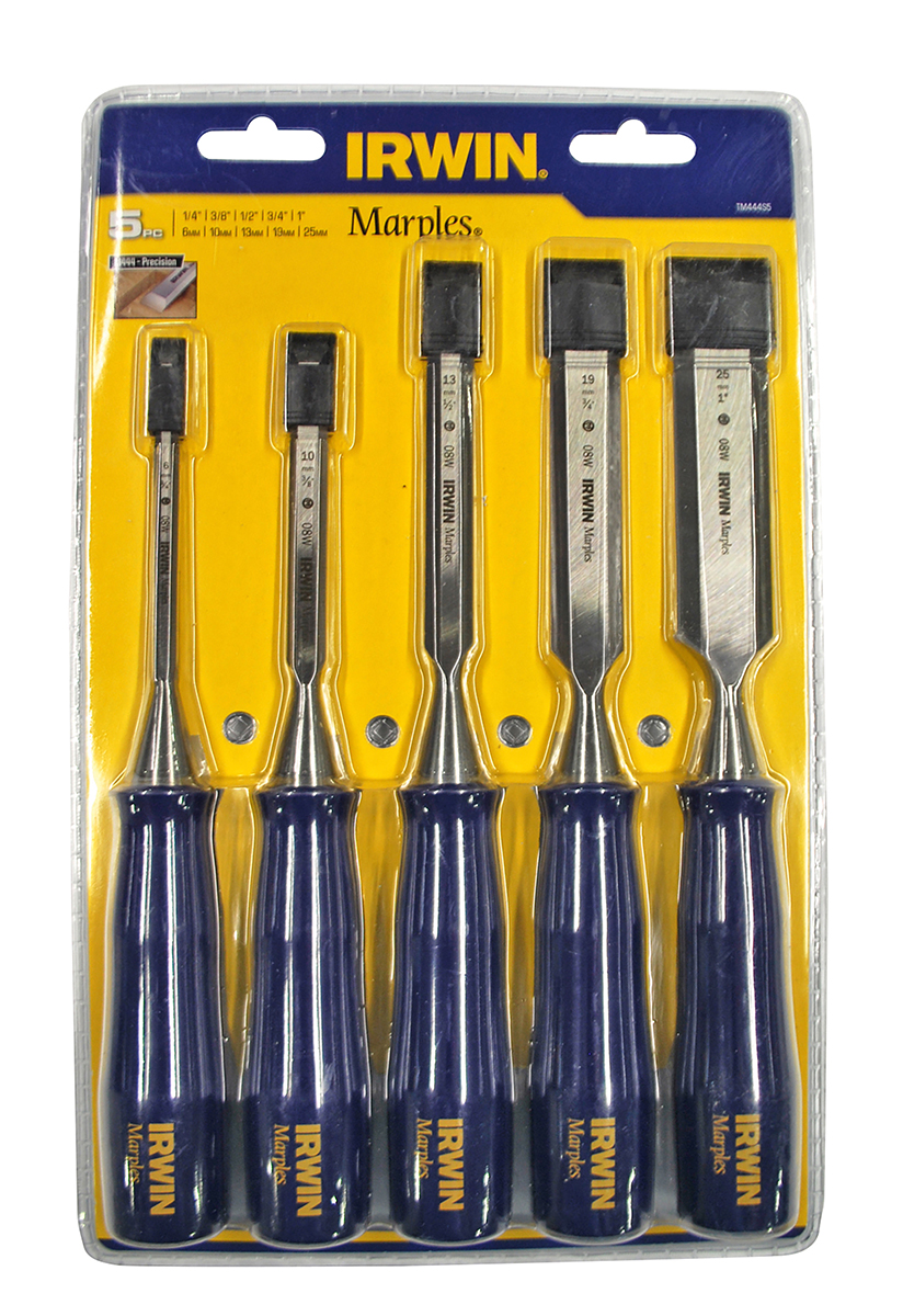 Irwin 5 Piece Steel Bevel Edge Chisel Set, 6.0 mm, 10 mm, 13 mm, 19 mm, 25 mm Blade Width
