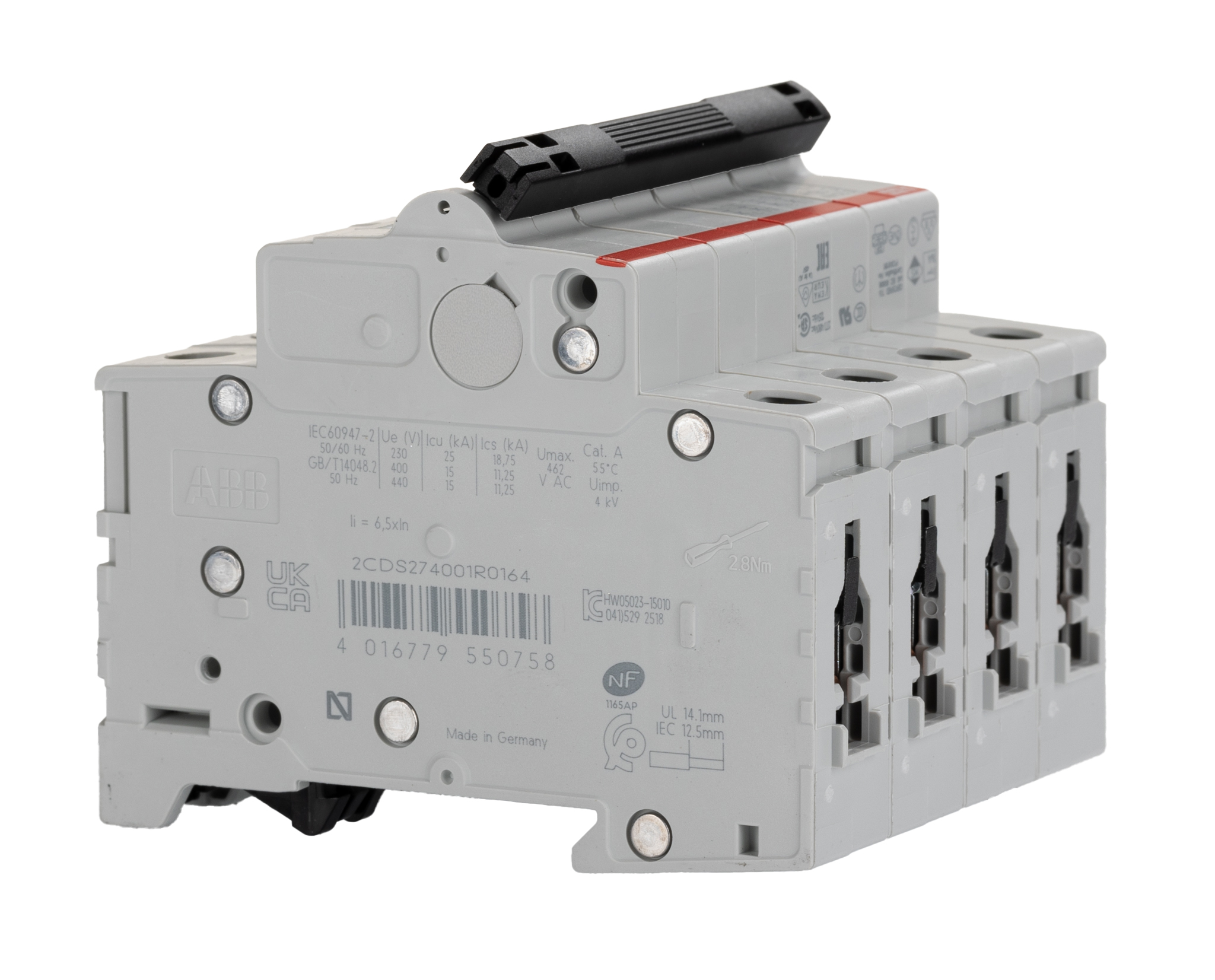 ABB System Pro M Compact S200M MCB, 4P, 16A Curve C, 125V AC, 440V DC, 25 kA Breaking Capacity