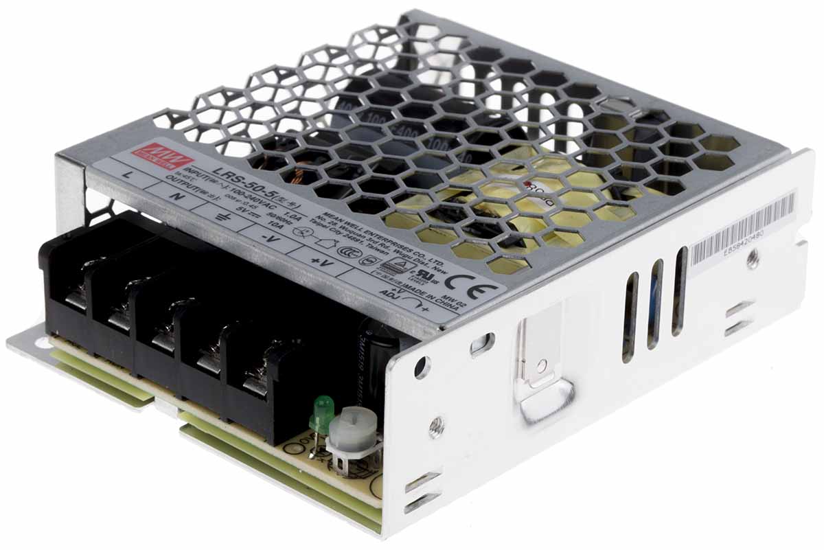 MEAN WELL Switching Power Supply, LRS-50-5, 5V dc, 10A, 50W, 1 Output, 85 → 264V ac Input Voltage