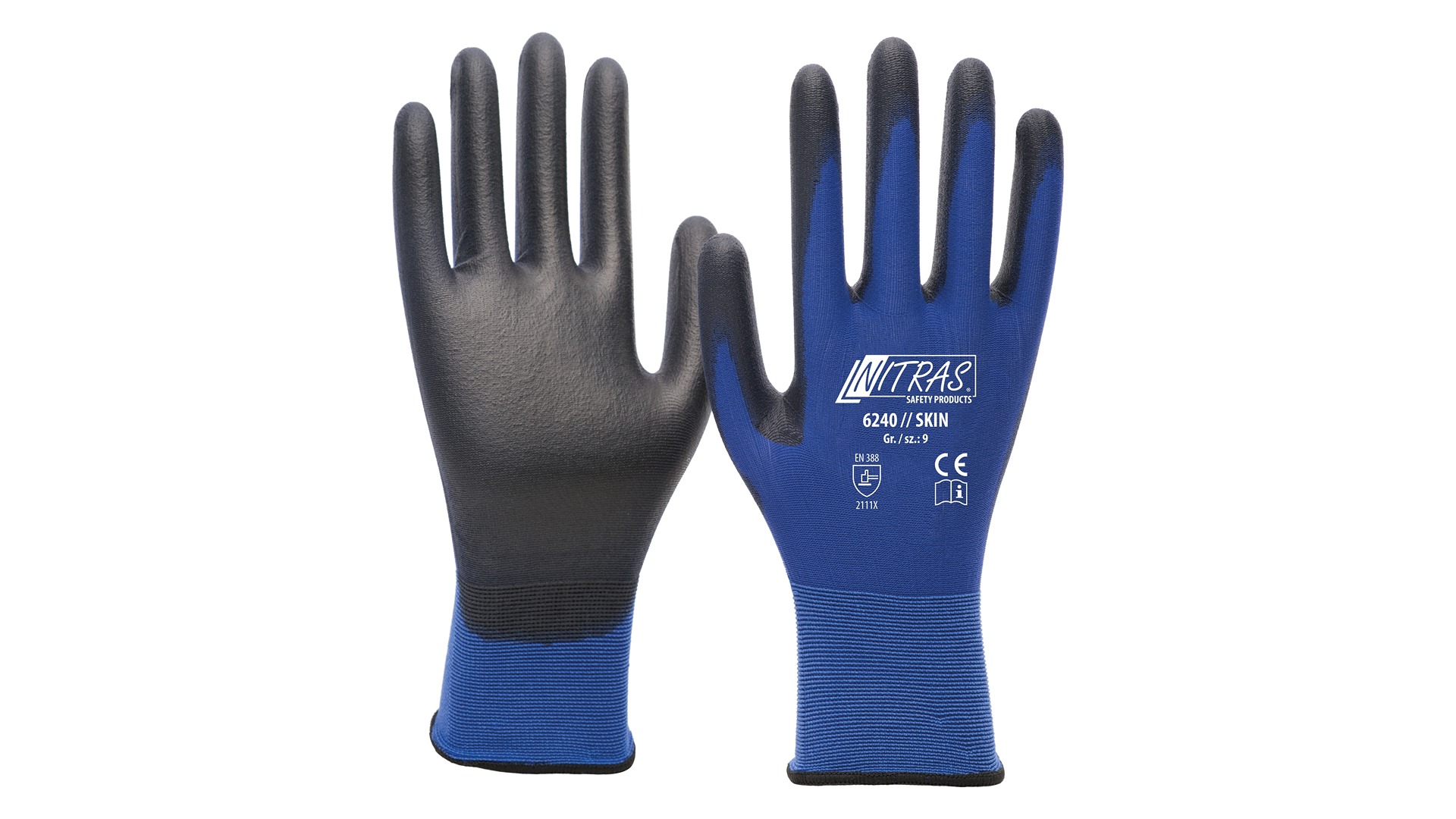 NITRAS SAFETY NITRAS SKIN Black, Blue Nylon Glove, Size 7, Polyurethane Coating