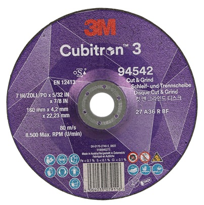 3M 94542 Ceramic Cutting Disc, 180mm x 4.2mm Thick, 36+ Grade, 10 in pack