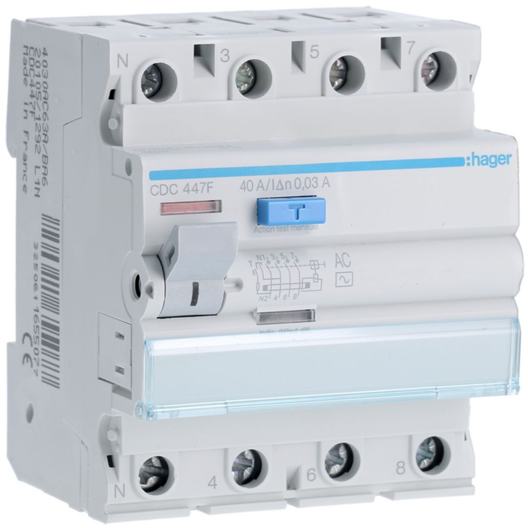 Hager CDC RCD Switch, 40A, 4 Pole, 30mA, Type AC, 230 → 400V