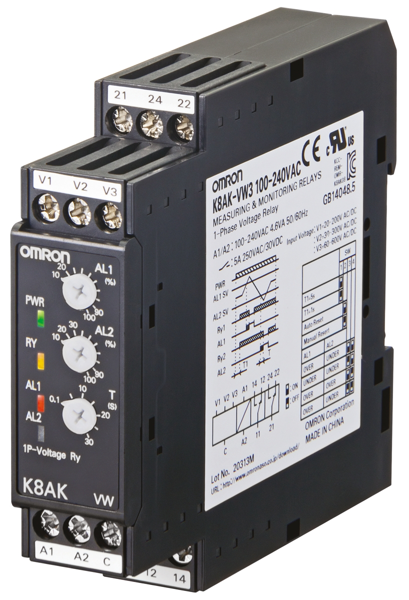 Omron Voltage Monitoring Relay, 1 Phase, 2 x SPDT, 20 → 200V ac/dc, DIN Rail