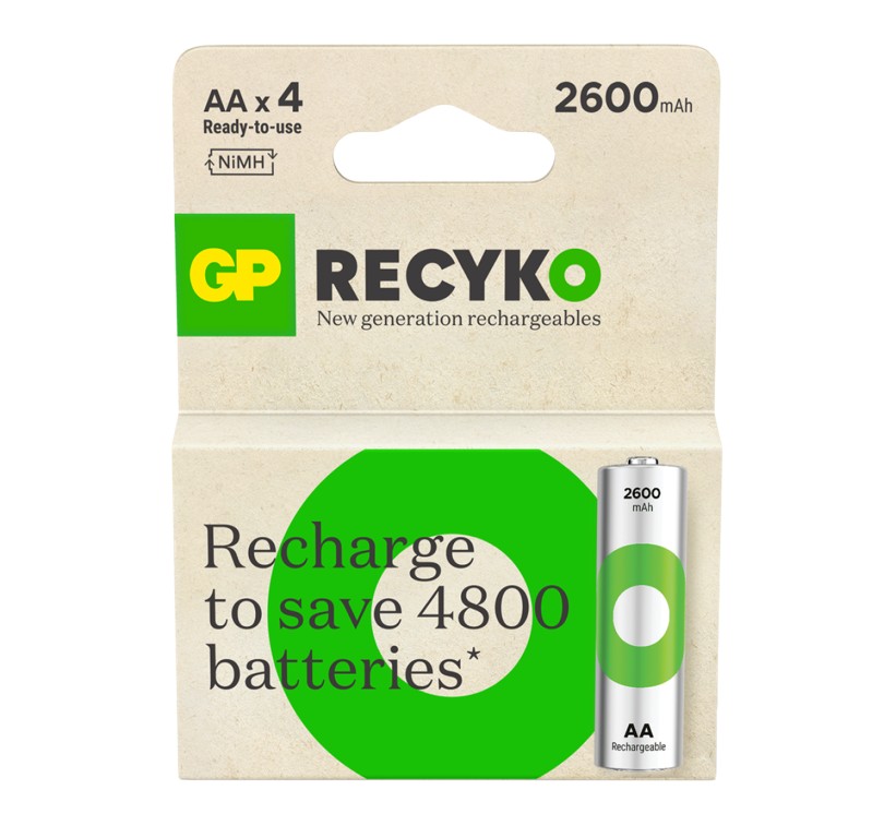 Gp Batteries GP Recyko AA NiMH Rechargeable AA Battery, 2.65Ah, 1.2V - Pack of 4