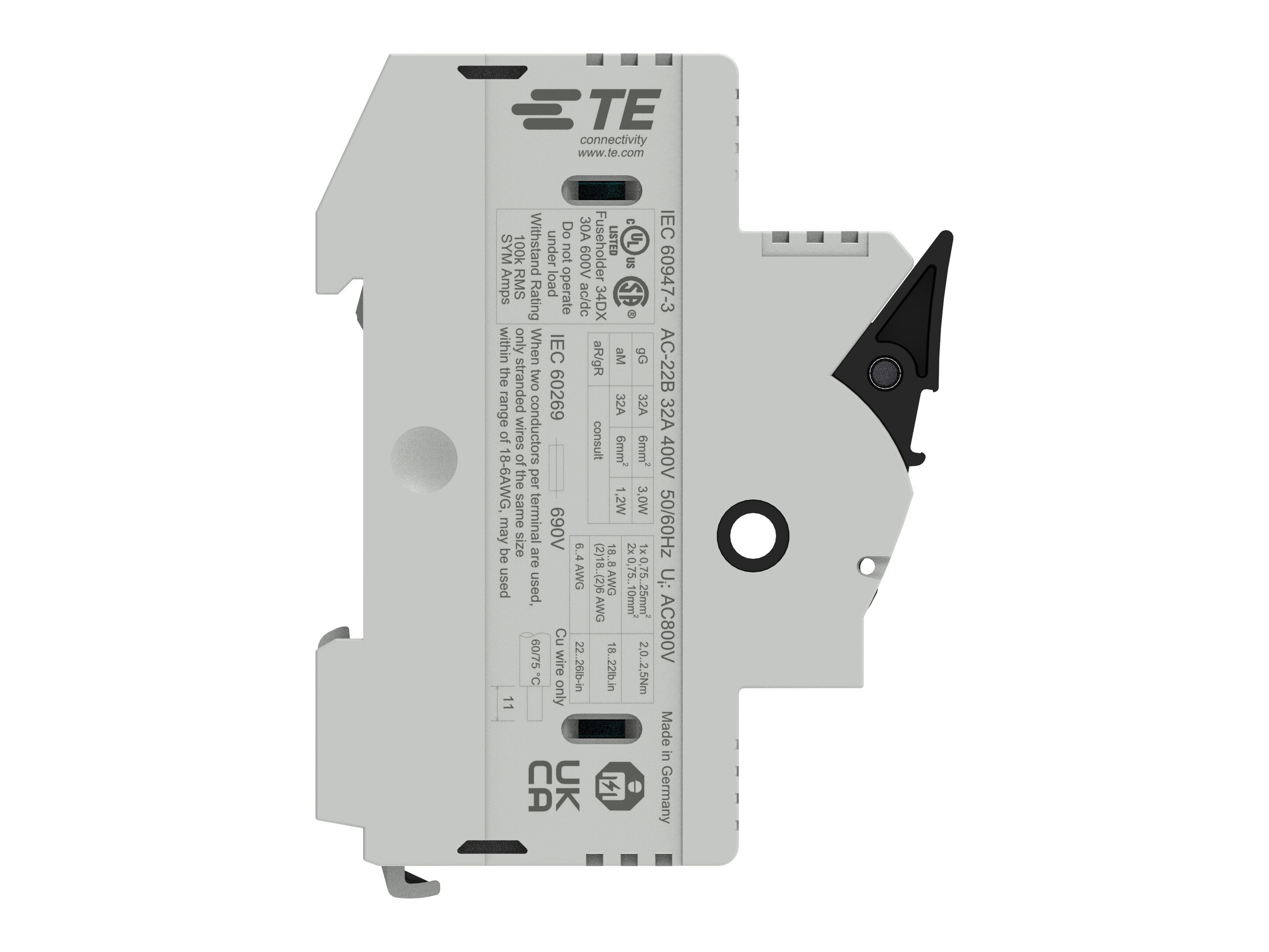 TE Connectivity 30A Fuse Holder for 10 x 38mm Fuse, 2P, 600V