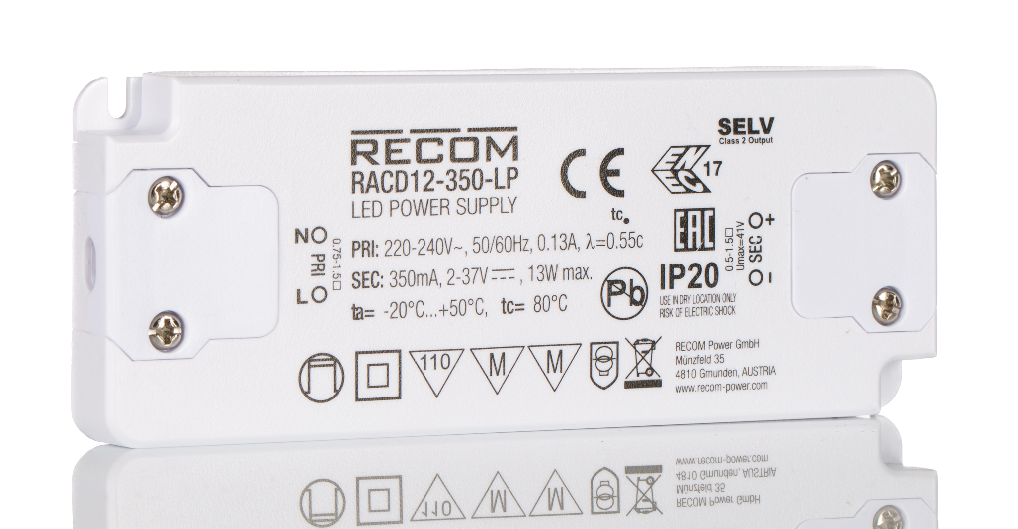 Recom LED Driver, 2 → 37V dc Output, 13W Output, 350mA Output, Constant Current
