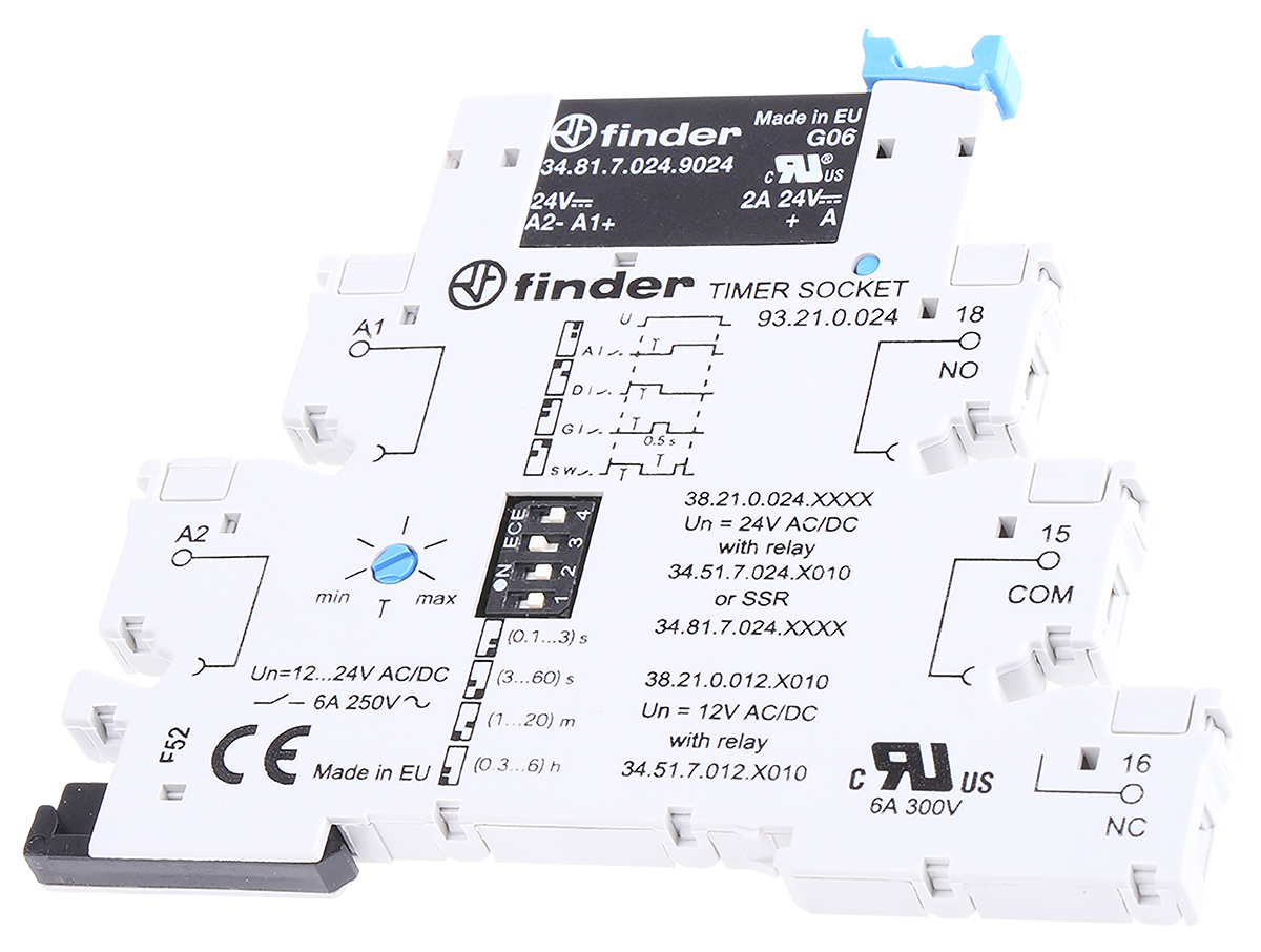Finder 38 Series Series DIN Rail Mount Timer Relay, 24V ac/dc, 1-Contact, 0.1 s → 6h, SPDT