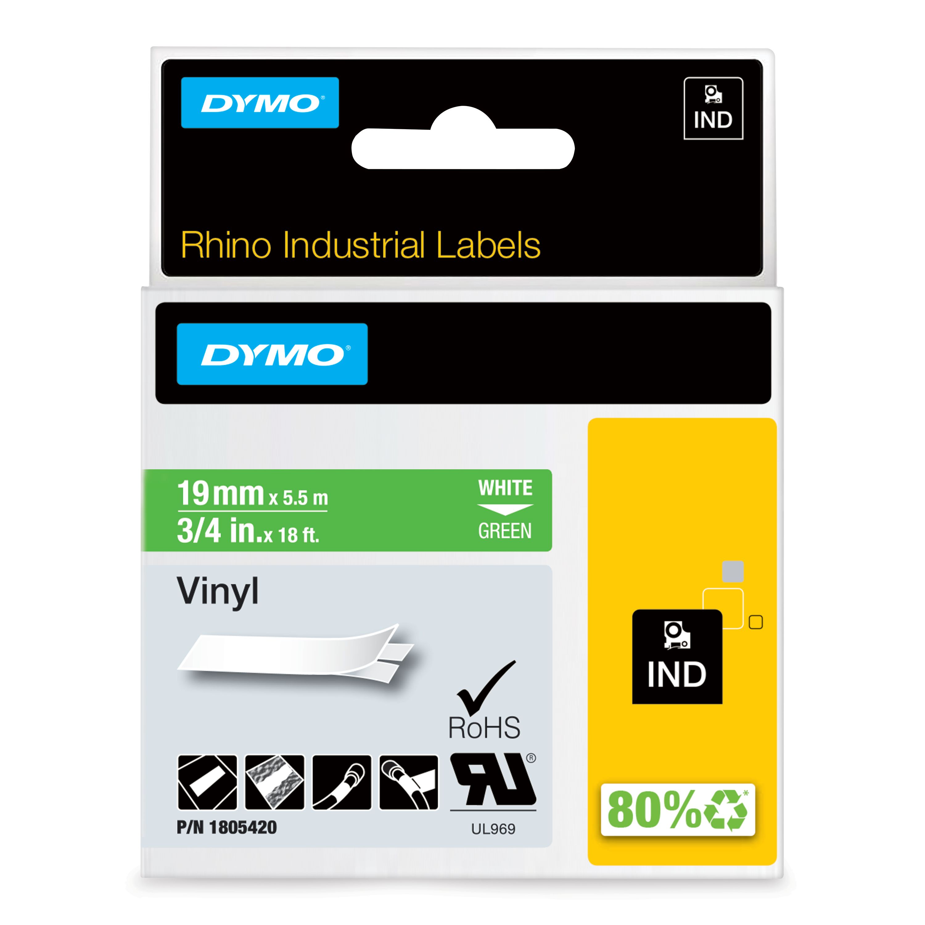 Dymo White on Green Label Printer Tape, 18 ft Length, 19 mm Width